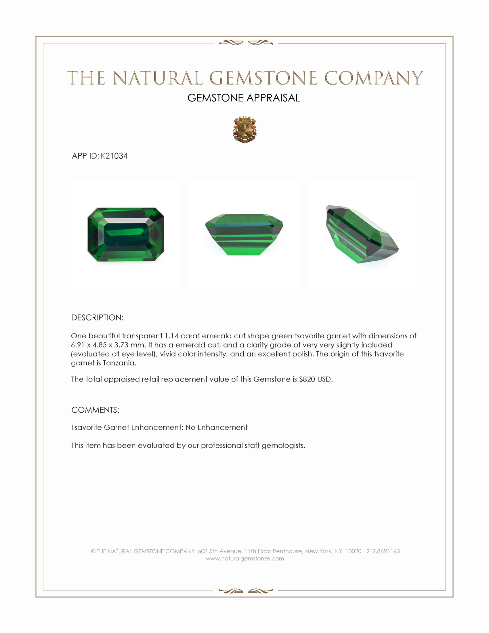 1.14 Ct. Tsavorite Garnet from Tanzania