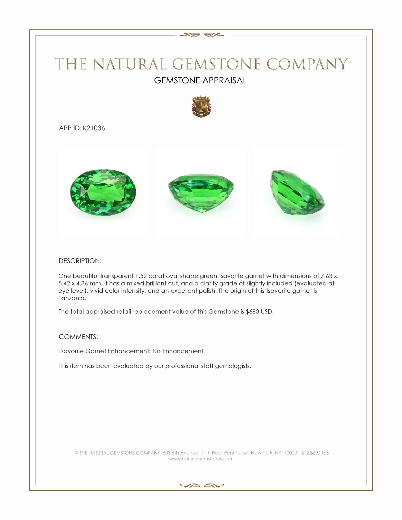 1.52 Ct. Tsavorite Garnet from Tanzania