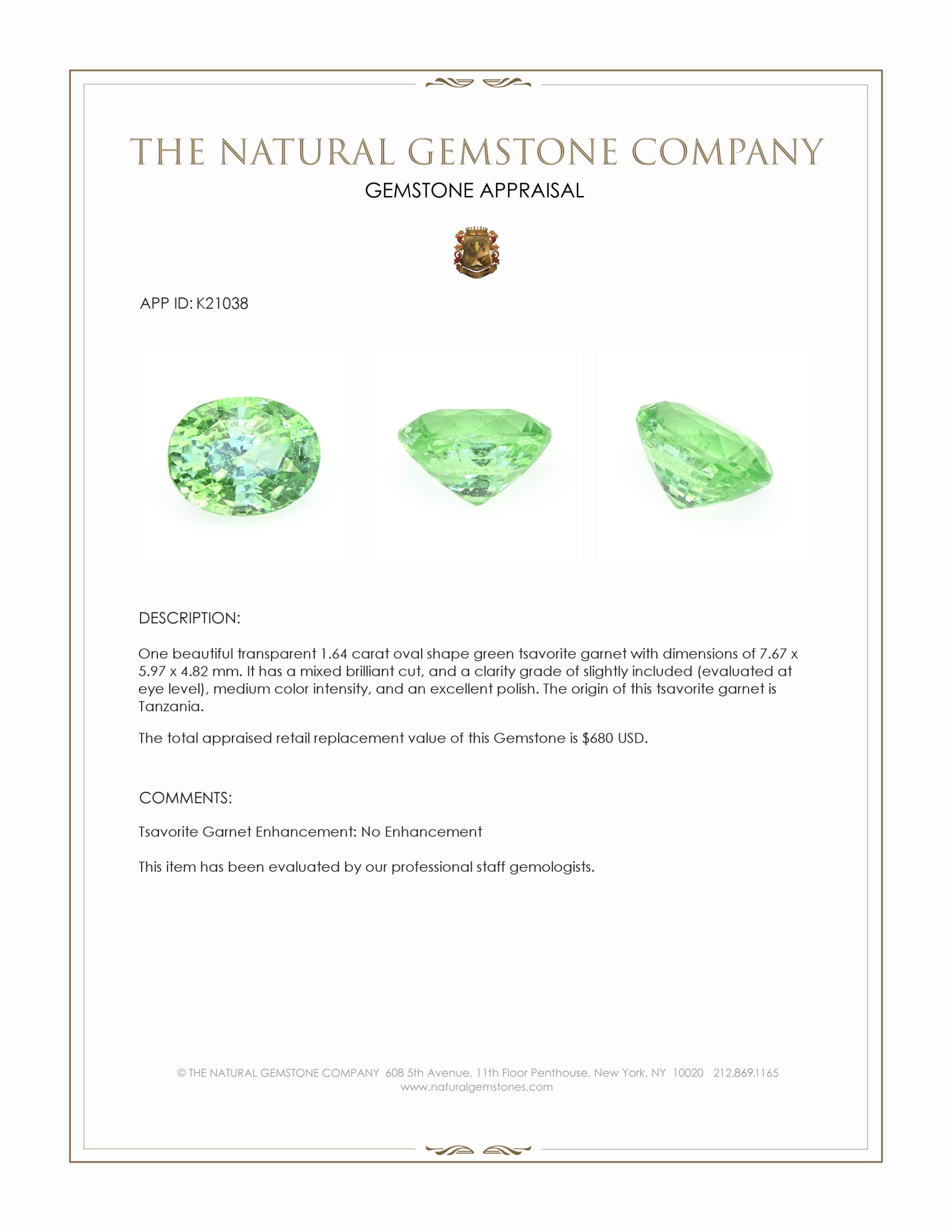 1.64 Ct. Tsavorite Garnet from Tanzania