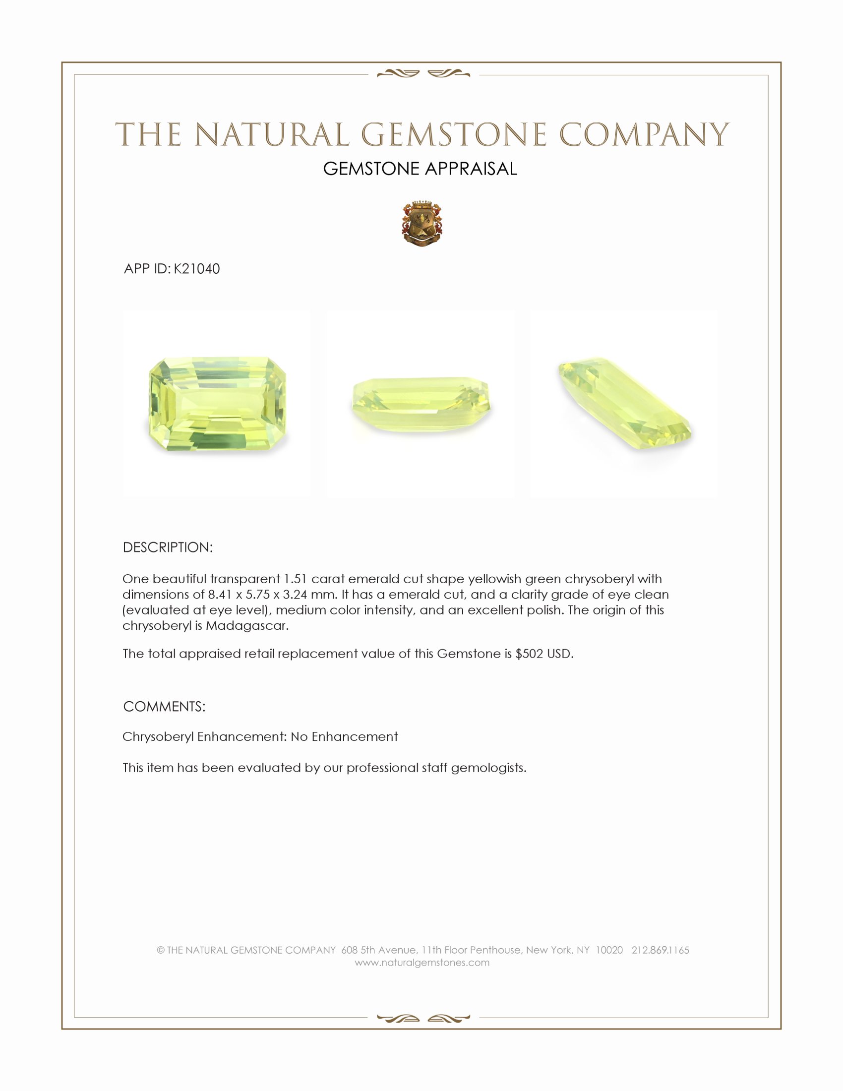 1.51 Ct. Chrysoberyl from Madagascar