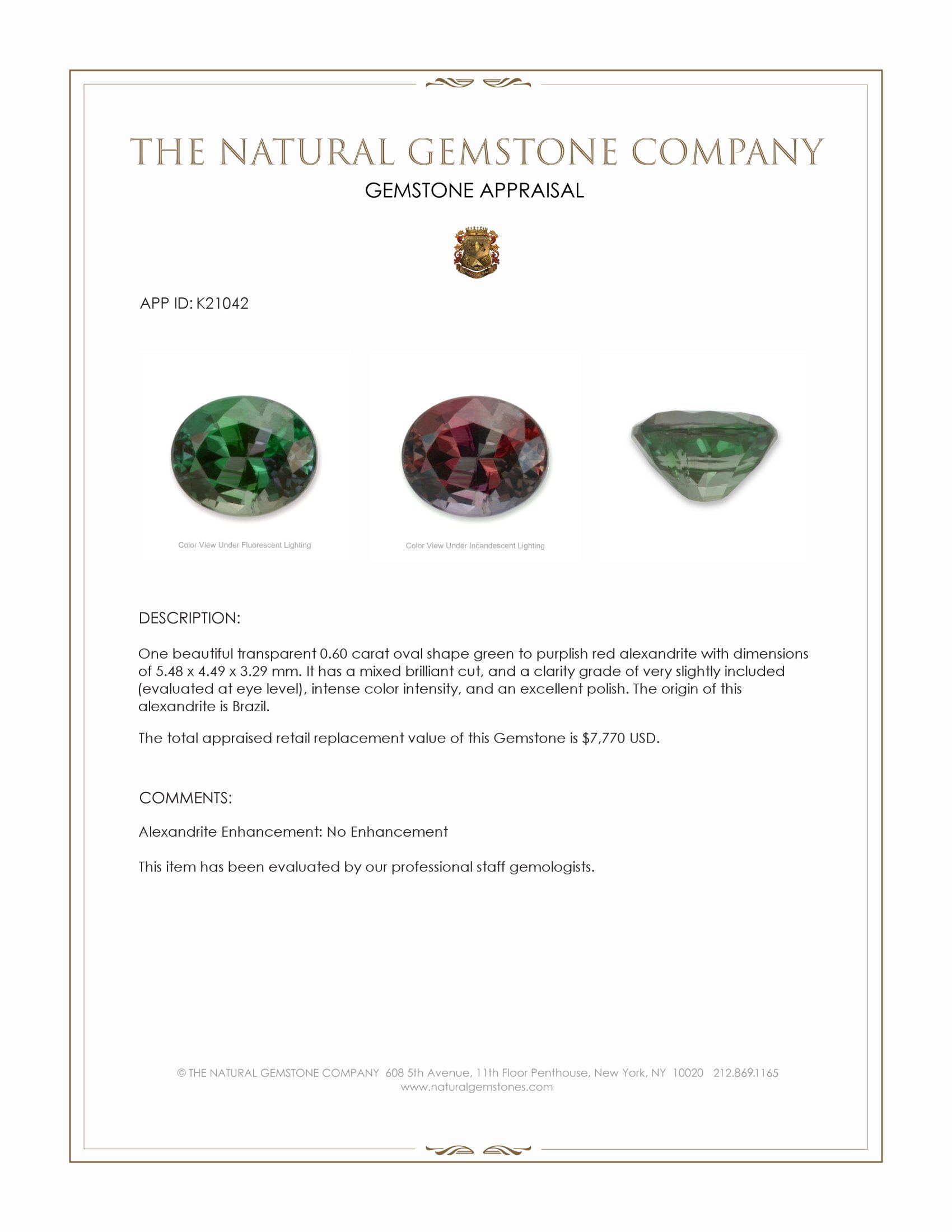 0.60 Ct. Alexandrite from Brazil