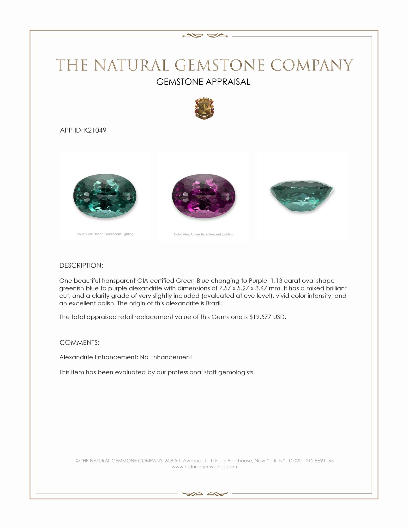1.13 Ct. Alexandrite from Brazil