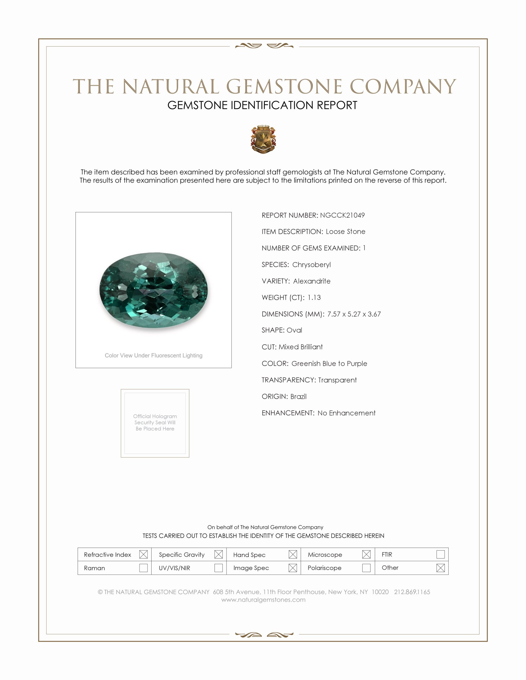 1.13 Ct. Alexandrite from Brazil