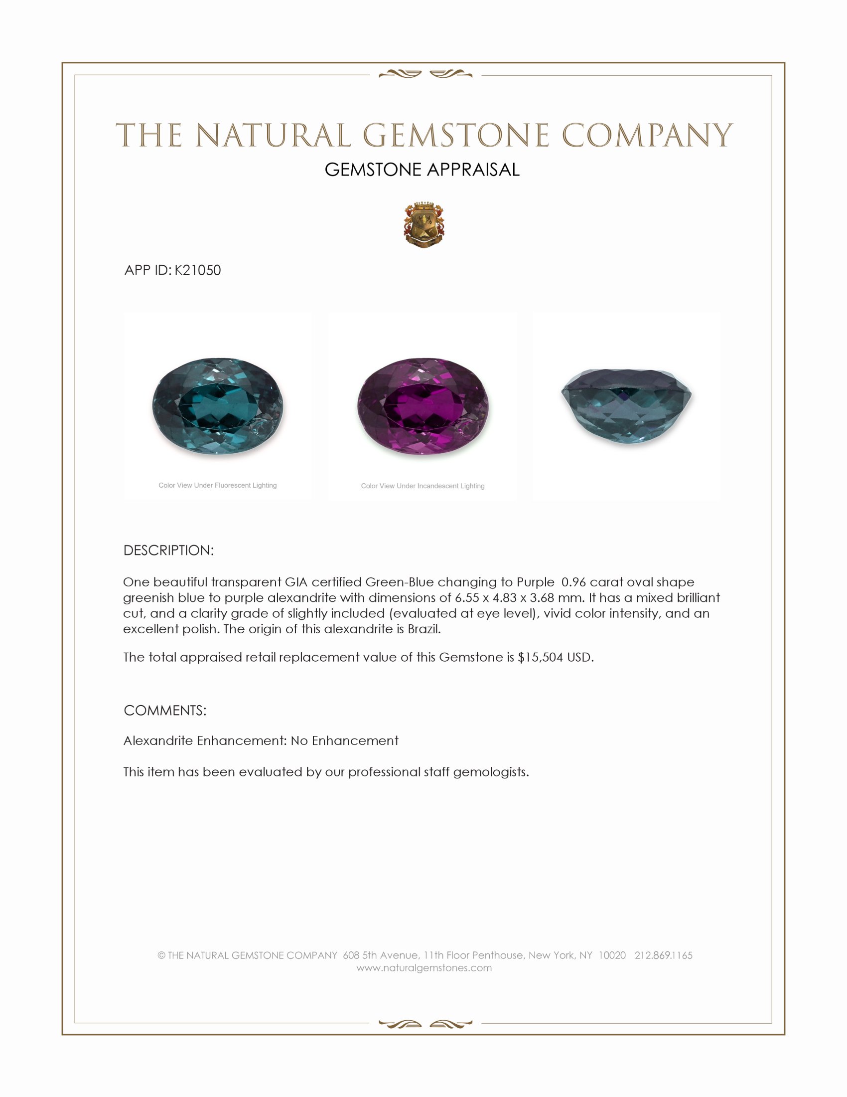 0.96 Ct. Alexandrite from Brazil