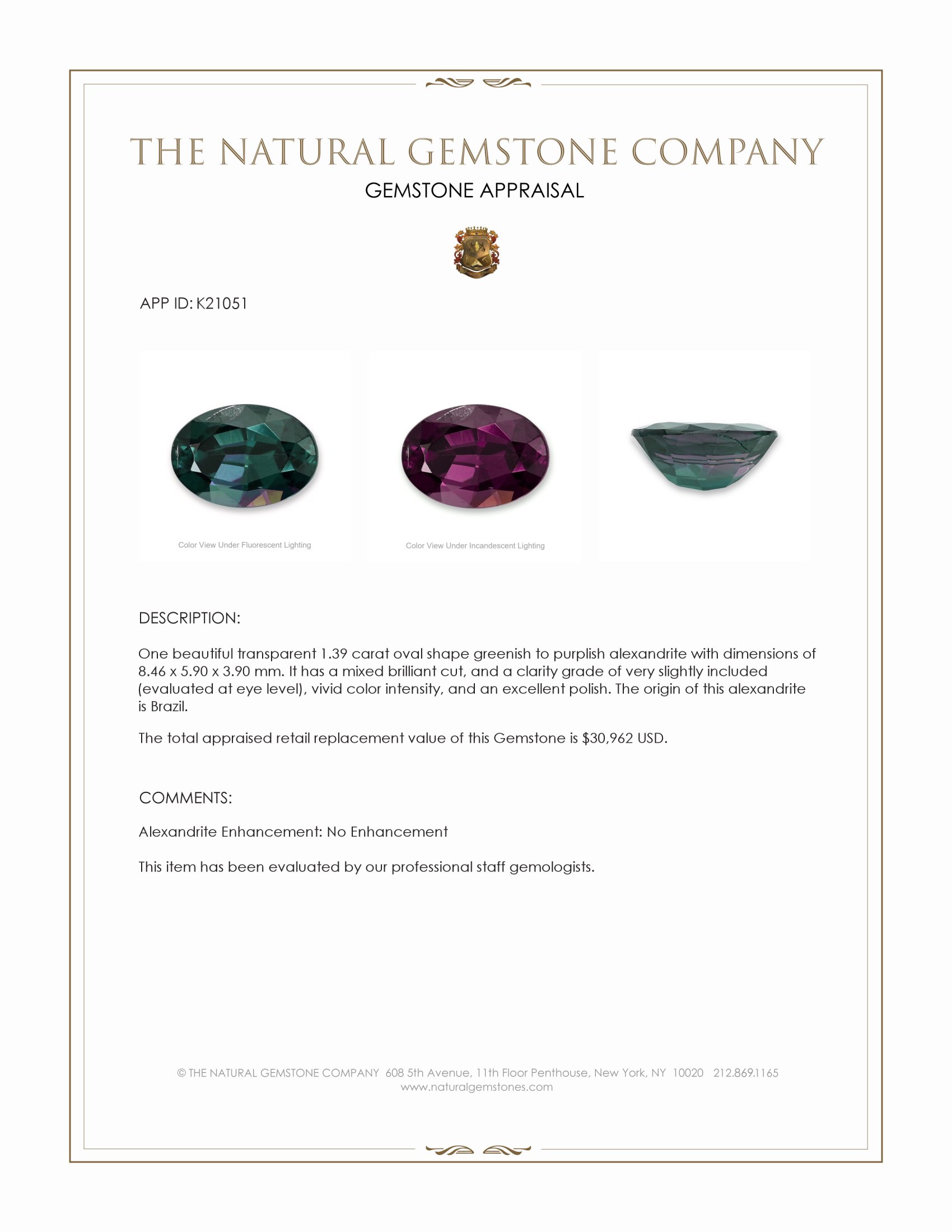 1.39 Ct. Alexandrite from Brazil