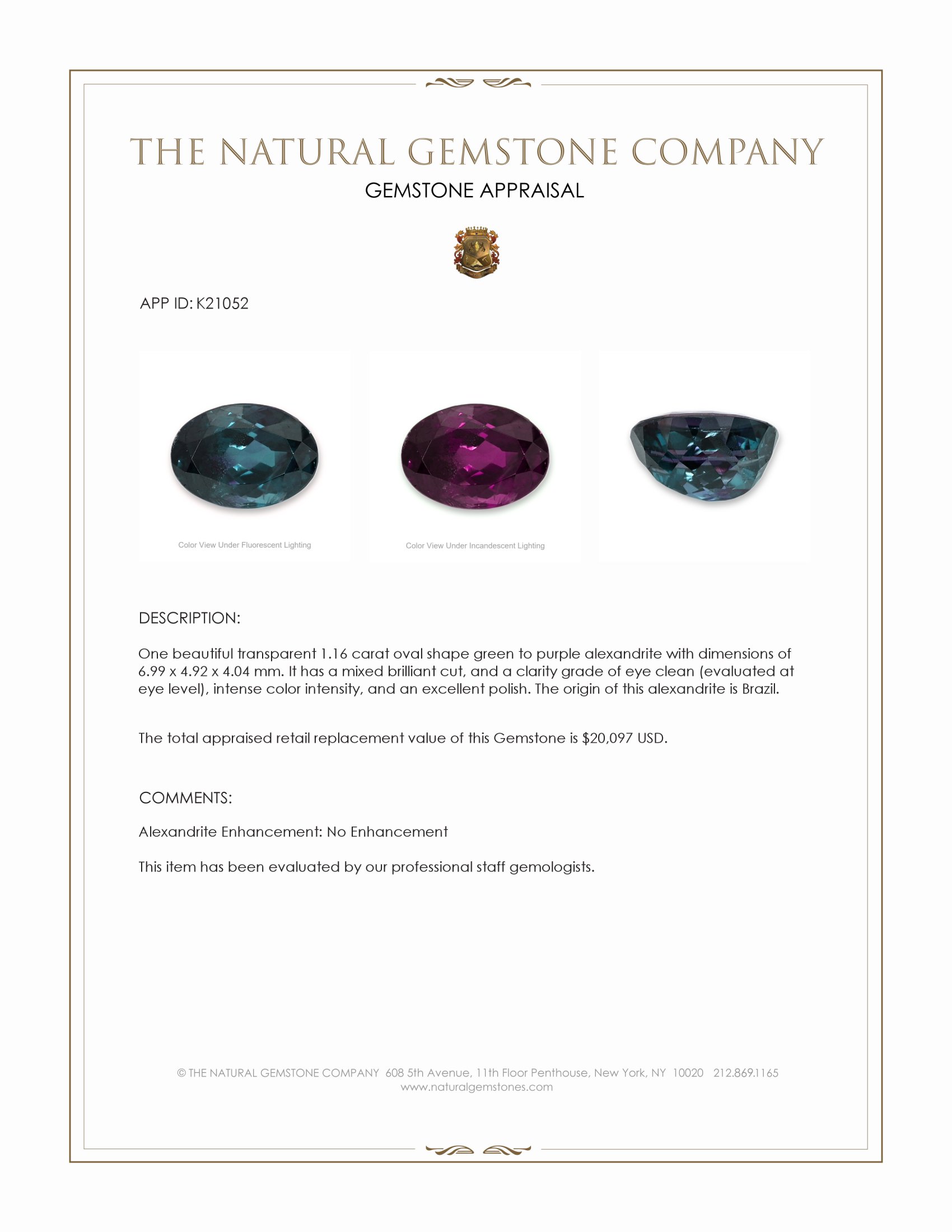 1.16 Ct. Alexandrite from Brazil