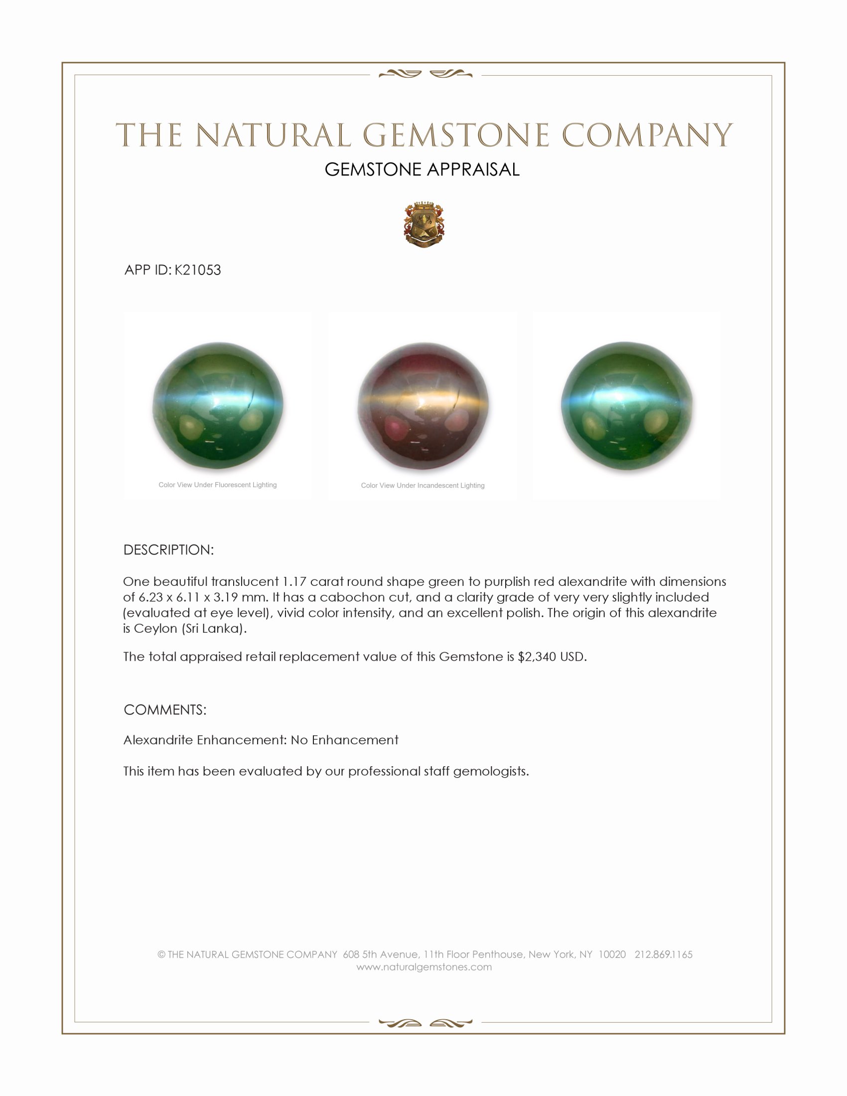 1.17 Ct. Cabochon Alexandrite from Ceylon (Sri Lanka)