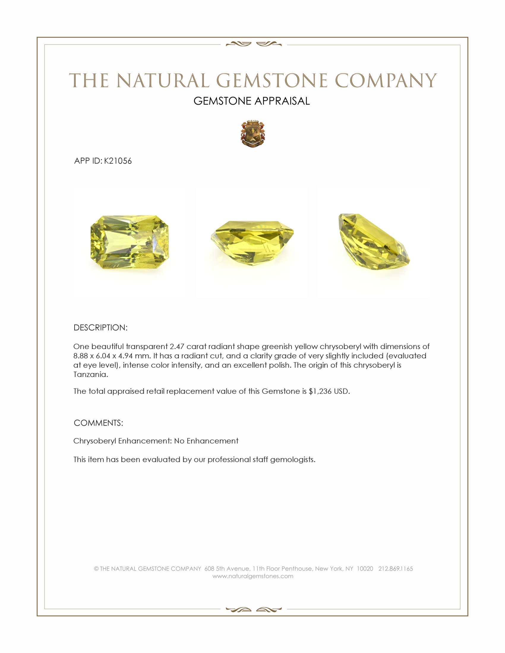 2.47 Ct. Chrysoberyl from Tanzania