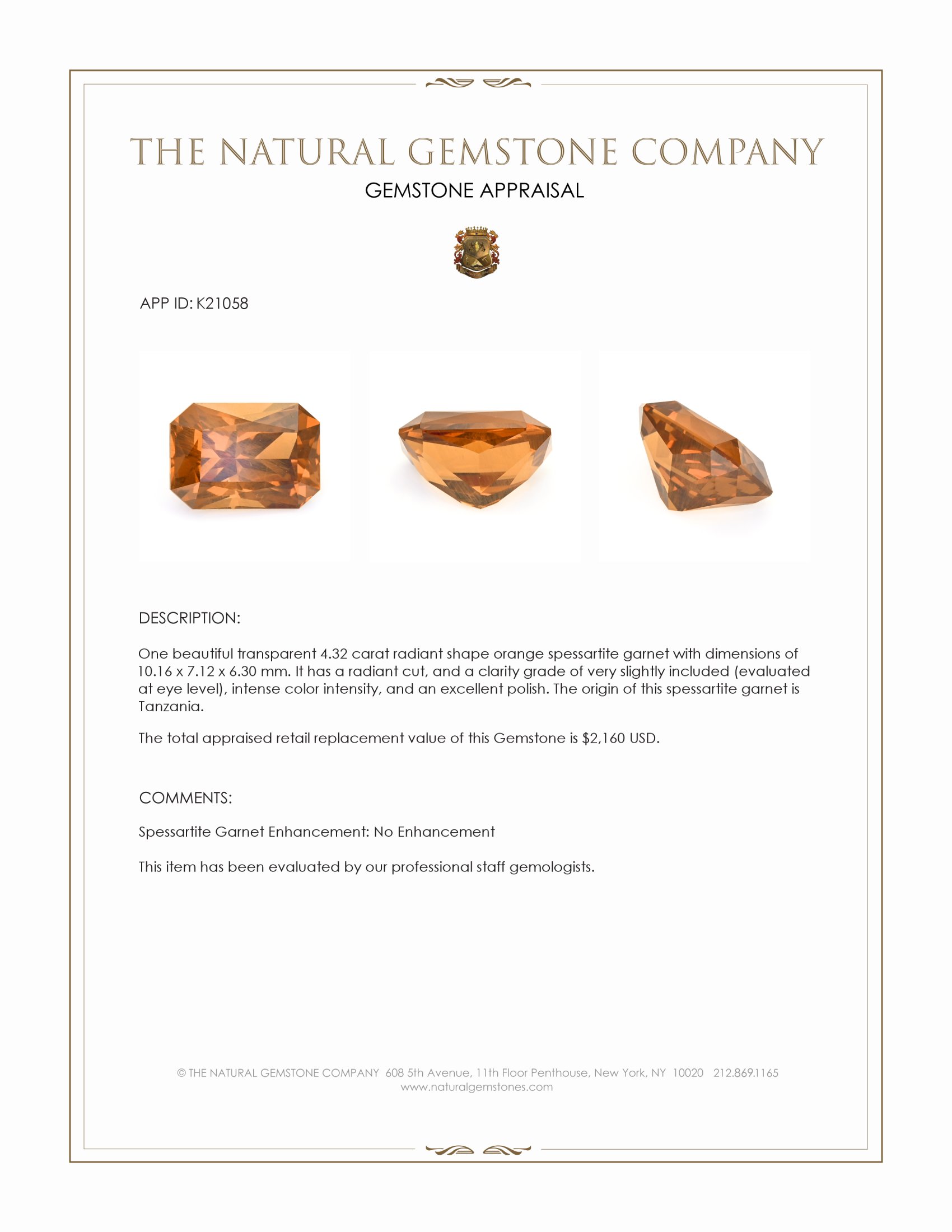 4.32 Ct. Spessartite Garnet from Tanzania