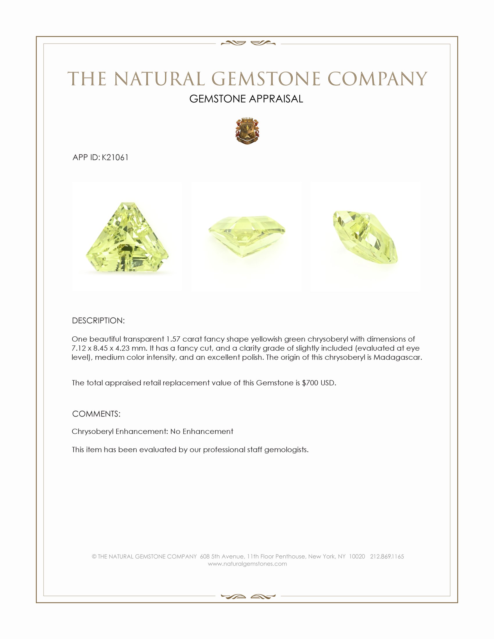 1.57 Ct. Chrysoberyl from Madagascar