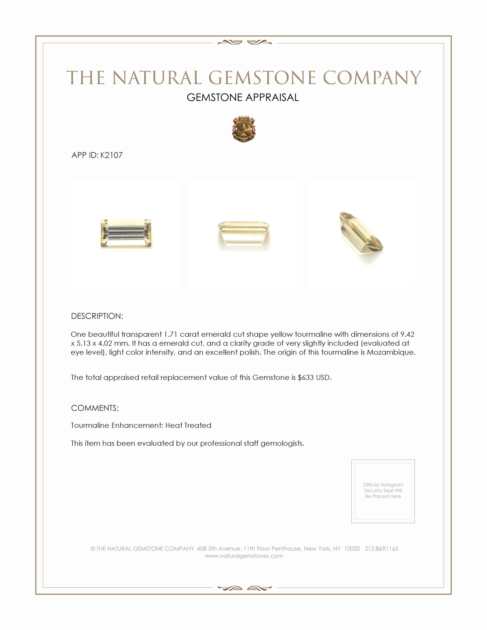 1.71 Ct. Yellow Tourmaline from Mozambique