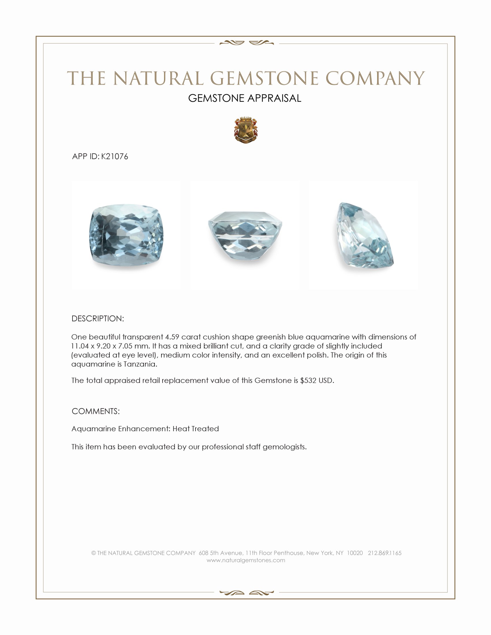 4.59 Ct. Greenish Blue Aquamarine from Tanzania