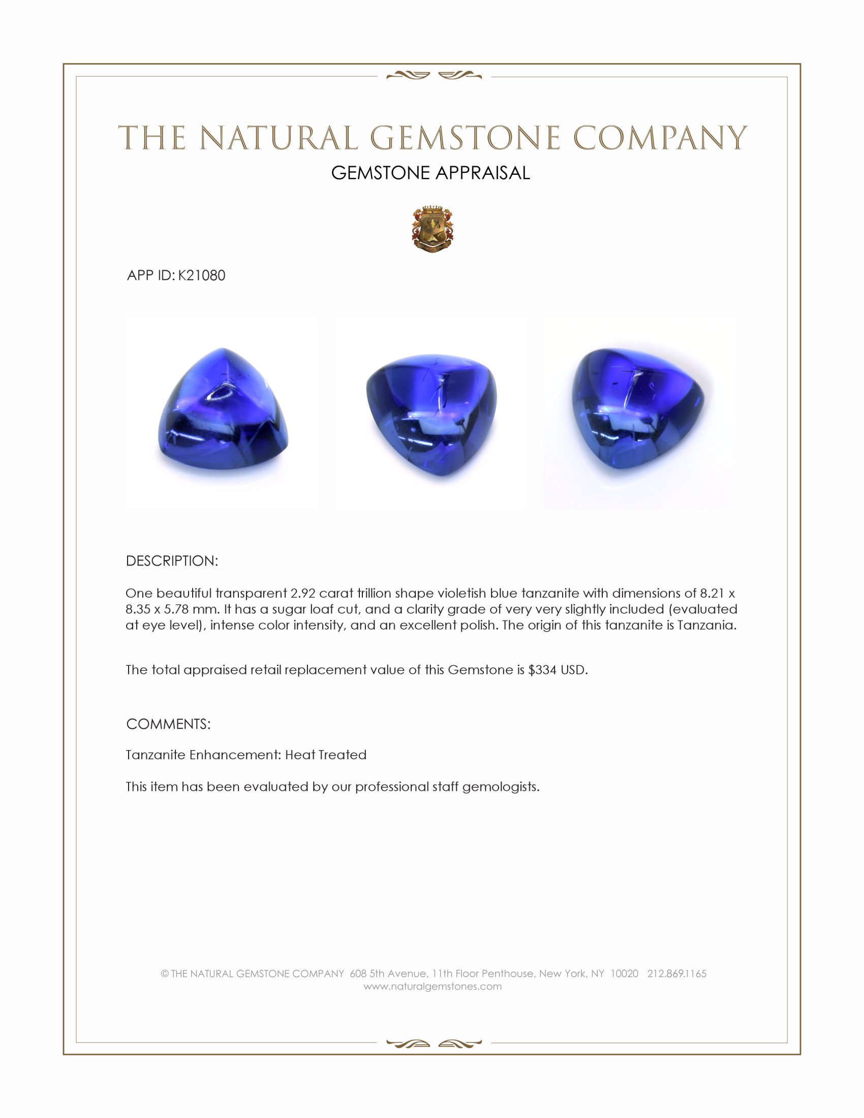 2.92 Ct. Cabochon Tanzanite from Tanzania