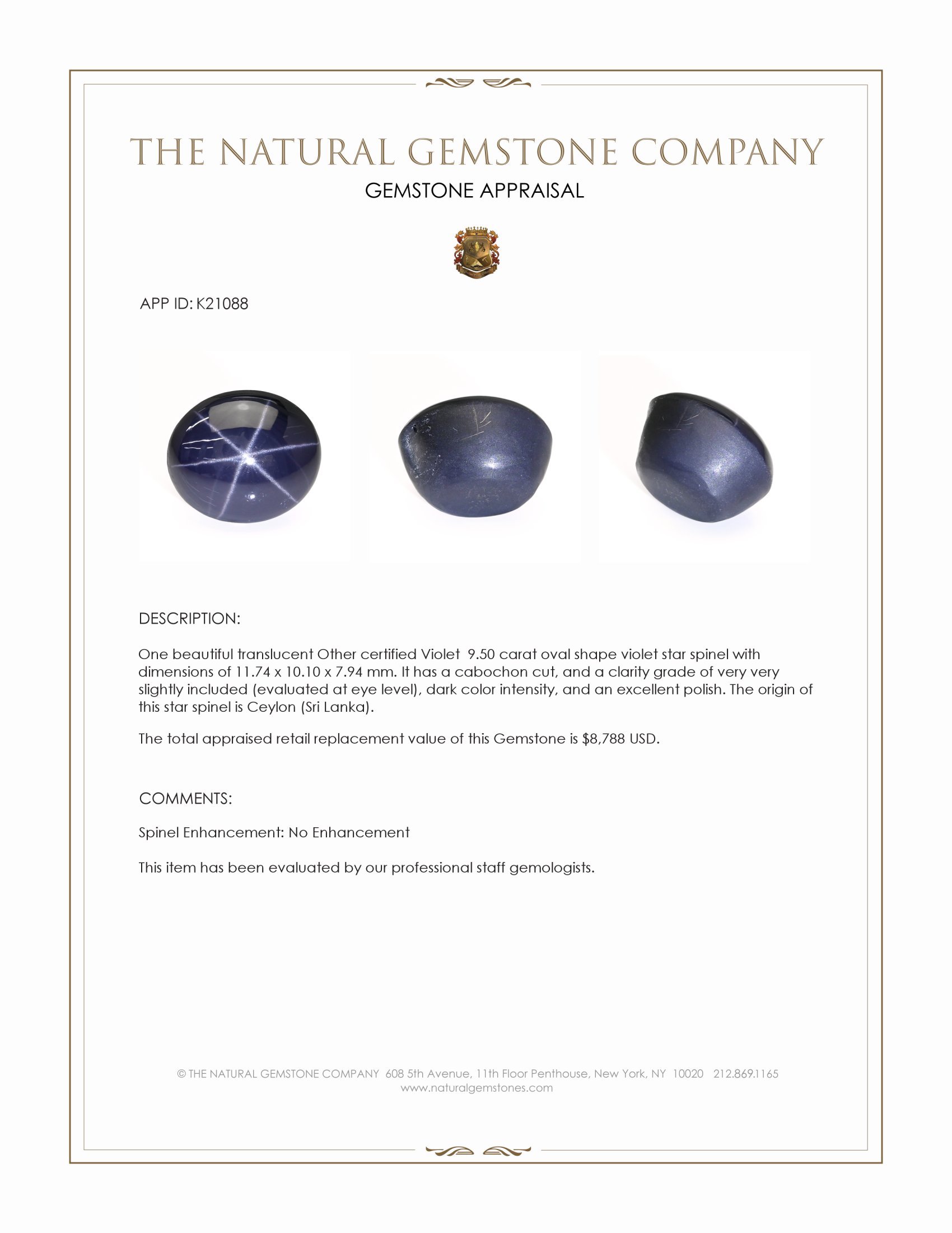 9.50 Ct. Violet Star Spinel from Ceylon (Sri Lanka)