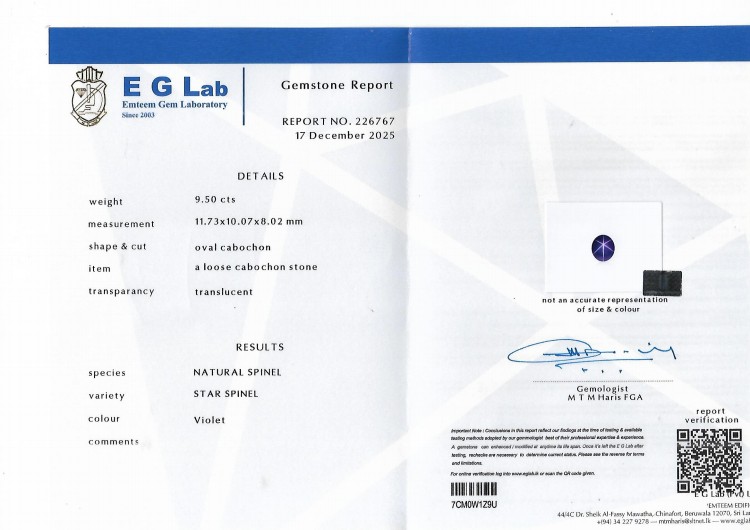 9.50 Ct. Violet Star Spinel from Ceylon (Sri Lanka)