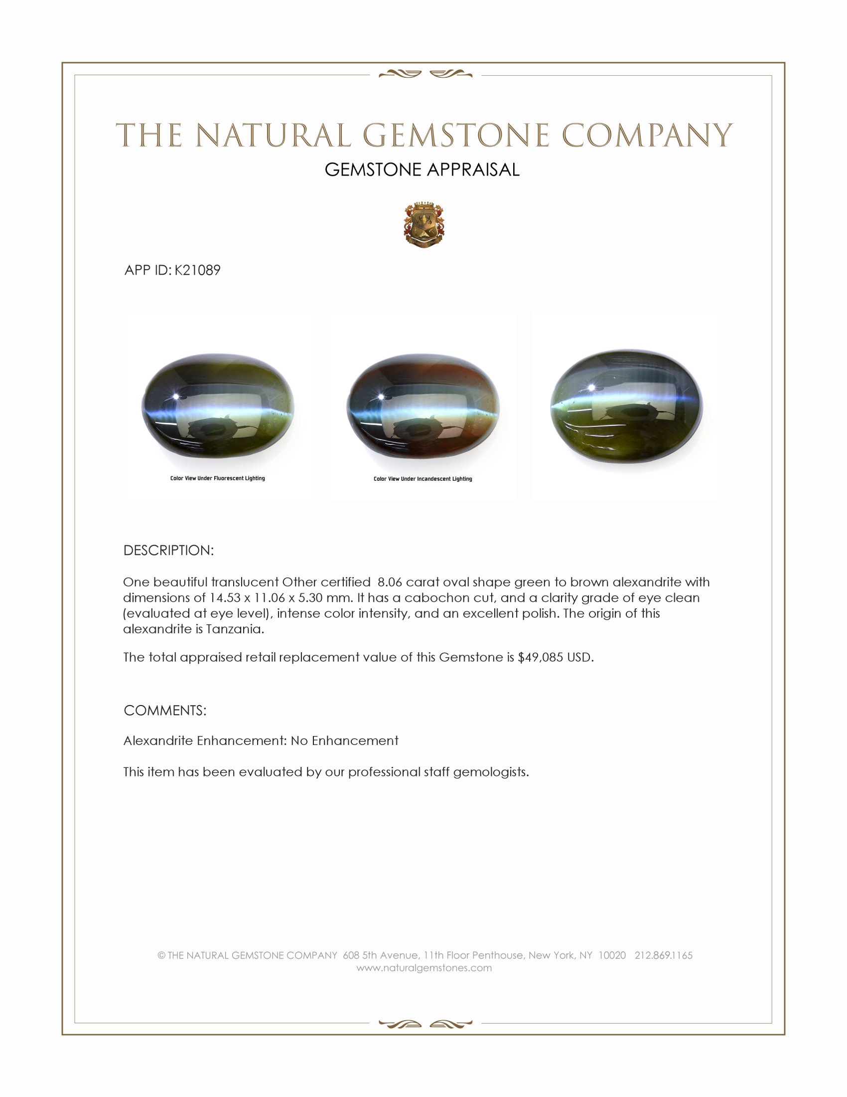 8.06 Ct. Cabochon Alexandrite from Tanzania