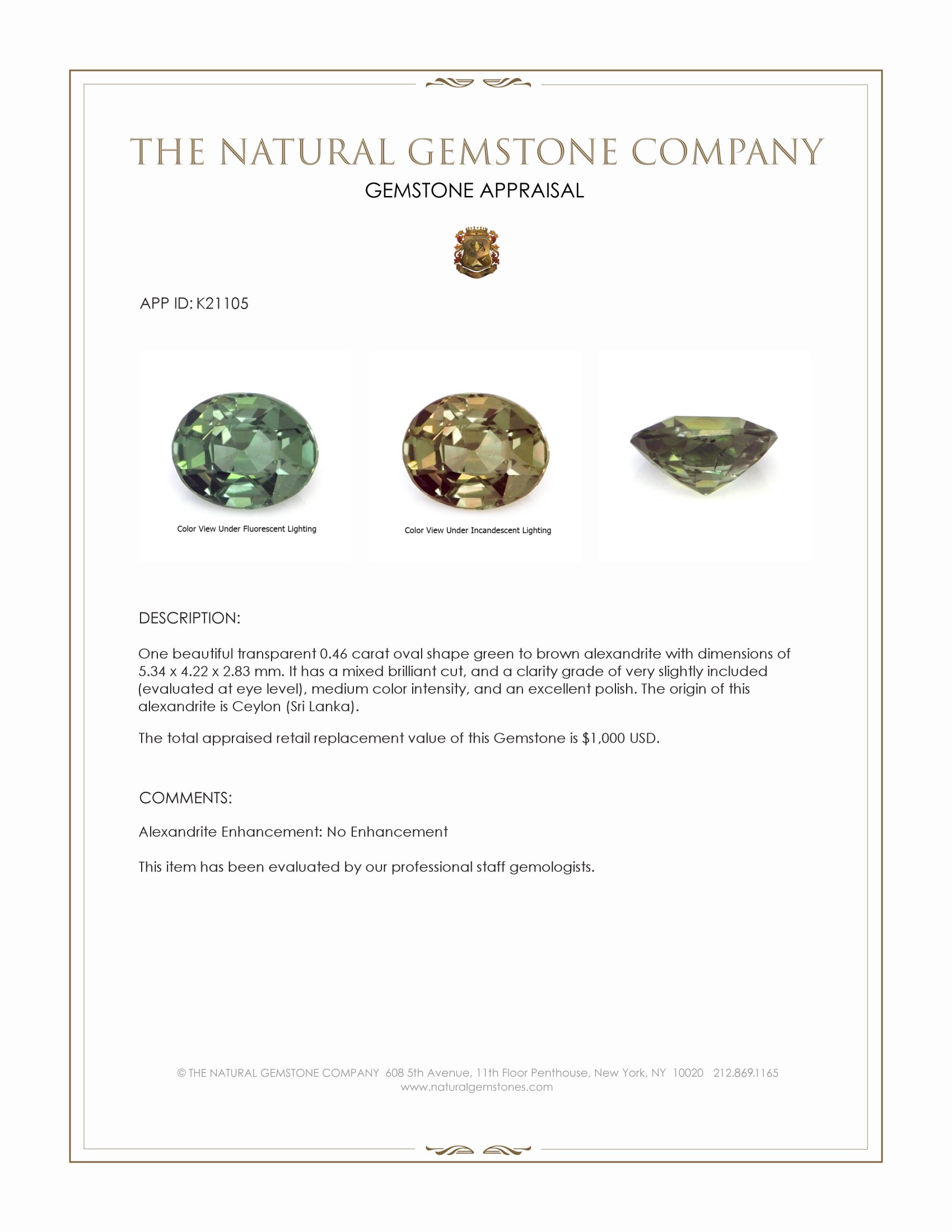 0.46 Ct. Alexandrite from Ceylon (Sri Lanka)