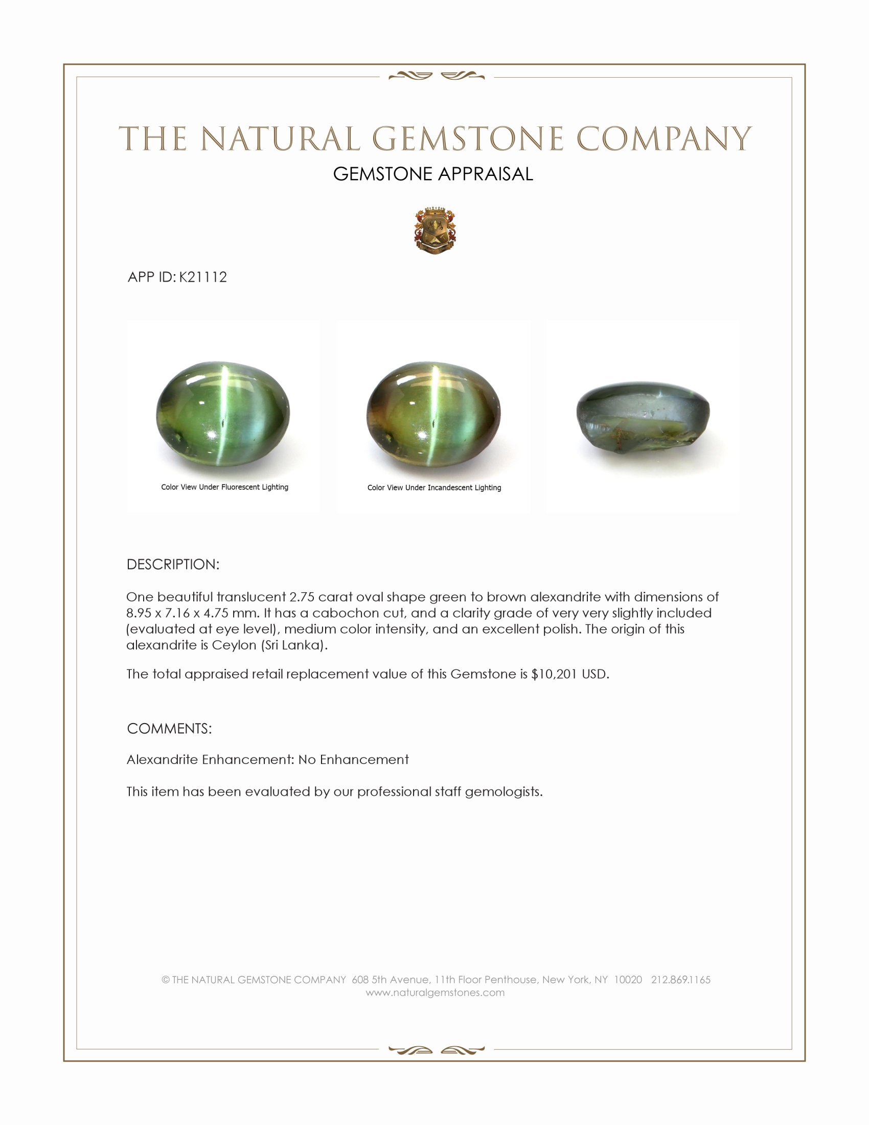 2.75 Ct. Cabochon Alexandrite from Ceylon (Sri Lanka)