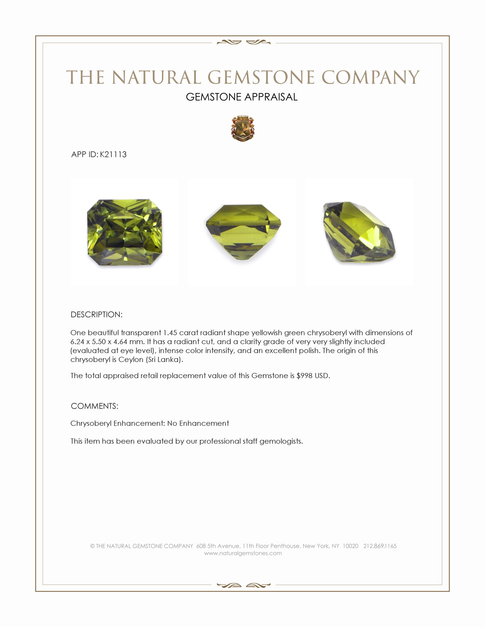 1.45 Ct. Yellowish Green Chrysoberyl from Ceylon (Sri Lanka)