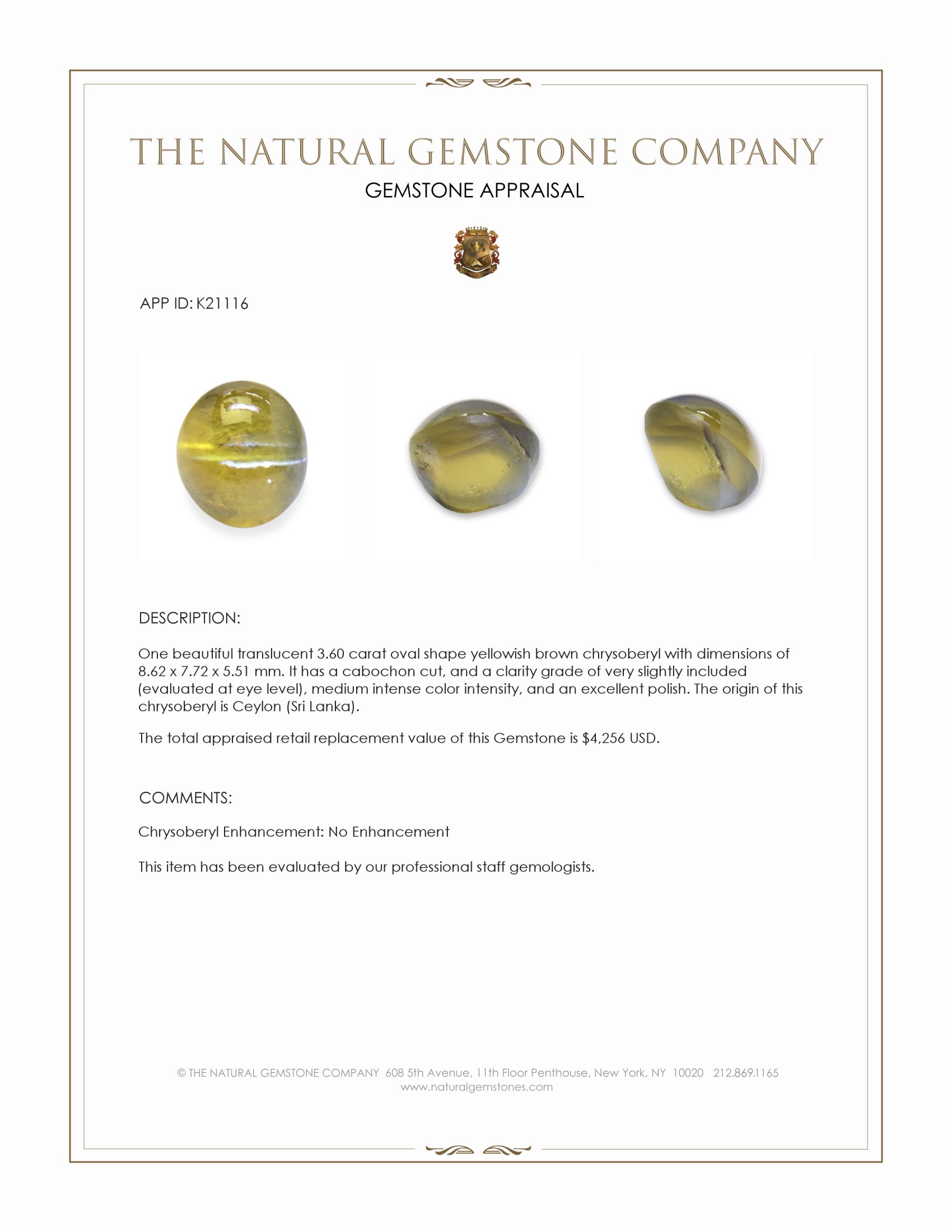 3.60 Ct. Cabochon Chrysoberyl from Ceylon (Sri Lanka)