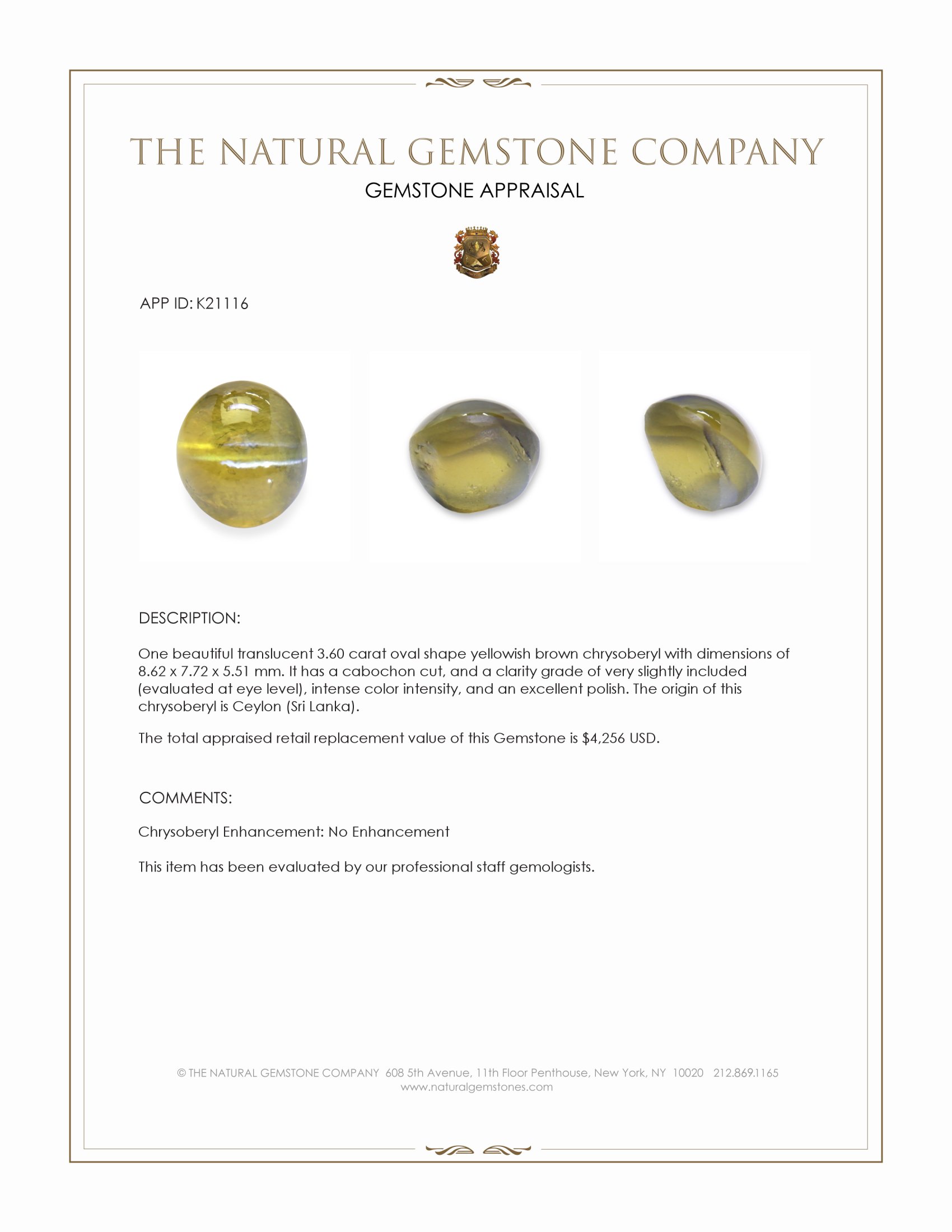 3.60 Ct. Cabochon Chrysoberyl from Ceylon (Sri Lanka)