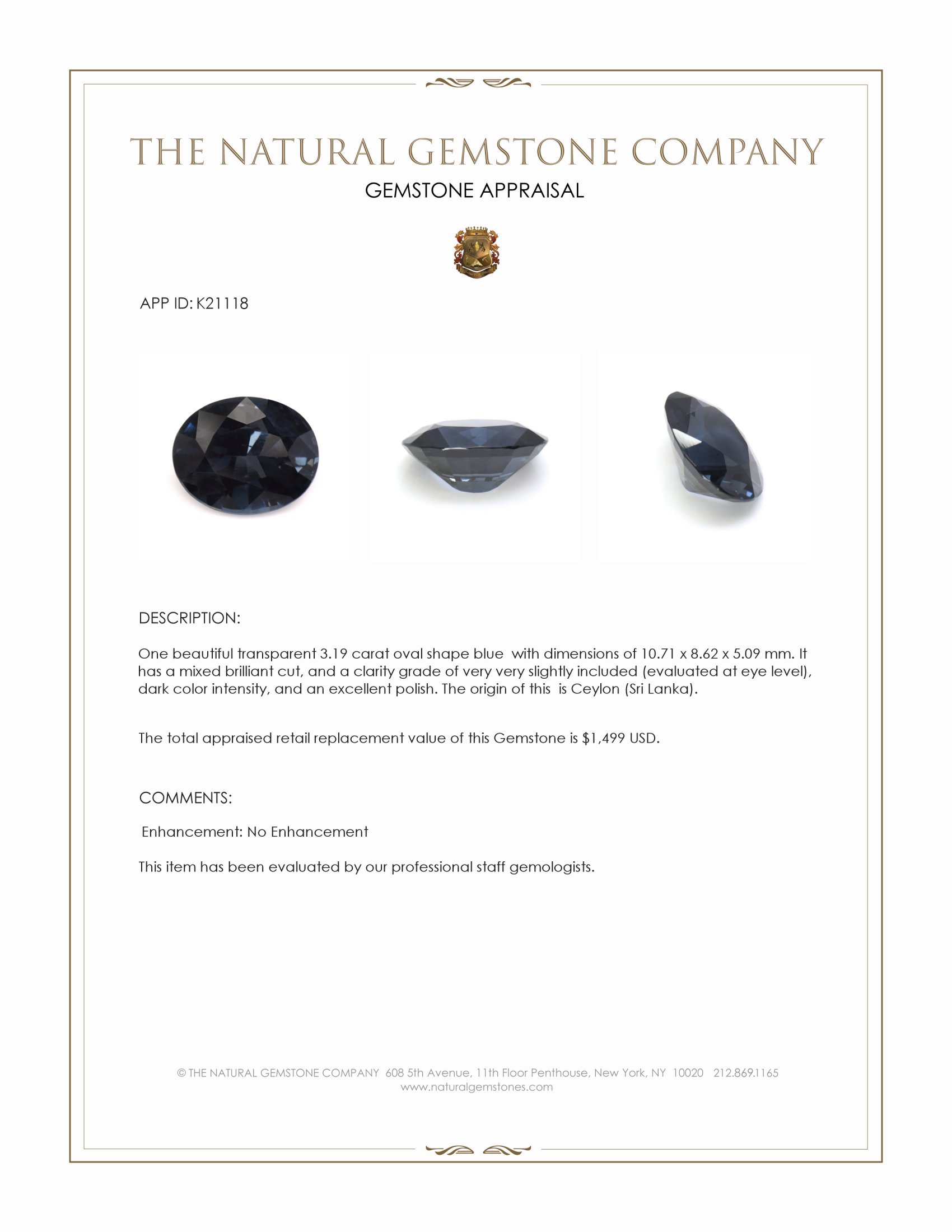 3.19 Ct. Blue Spinel from Ceylon (Sri Lanka)