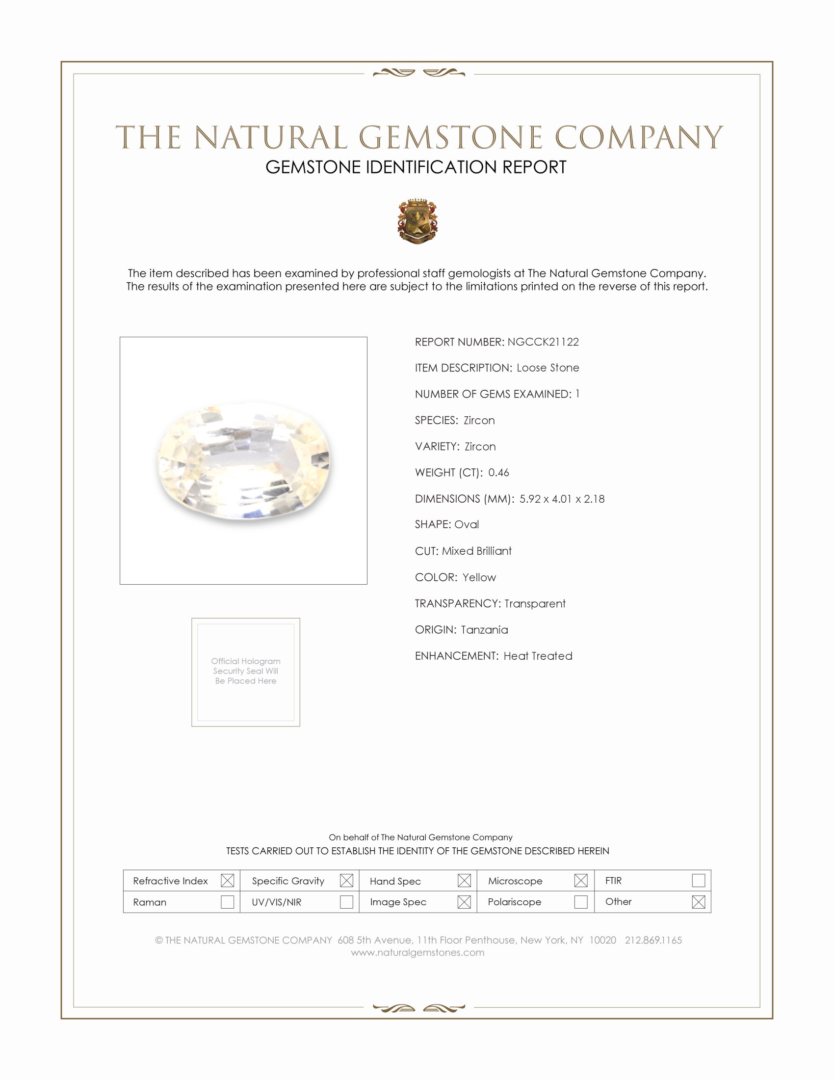 0.46 Ct. Yellow Zircon from Tanzania