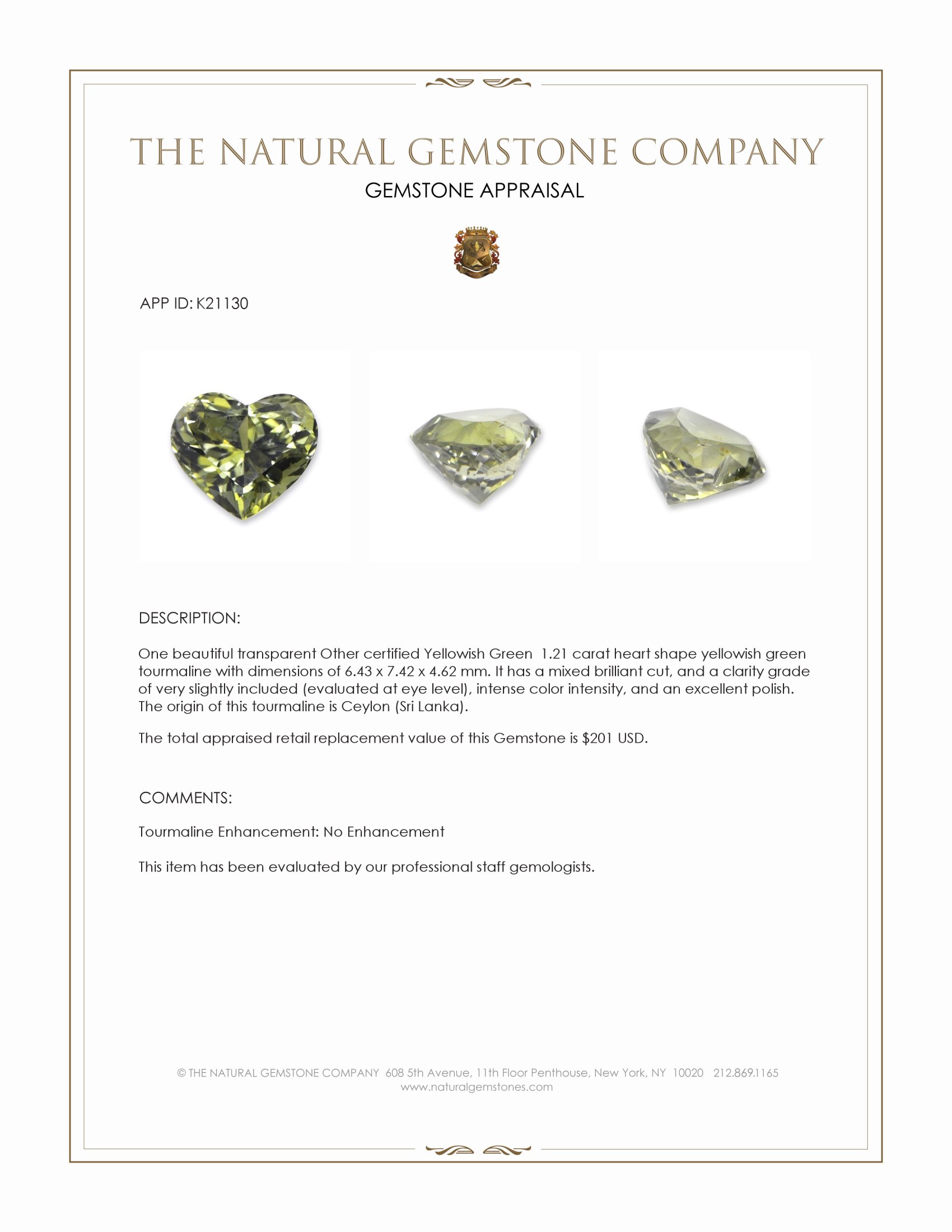1.21 Ct. Yellowish Green Tourmaline from Ceylon (Sri Lanka)