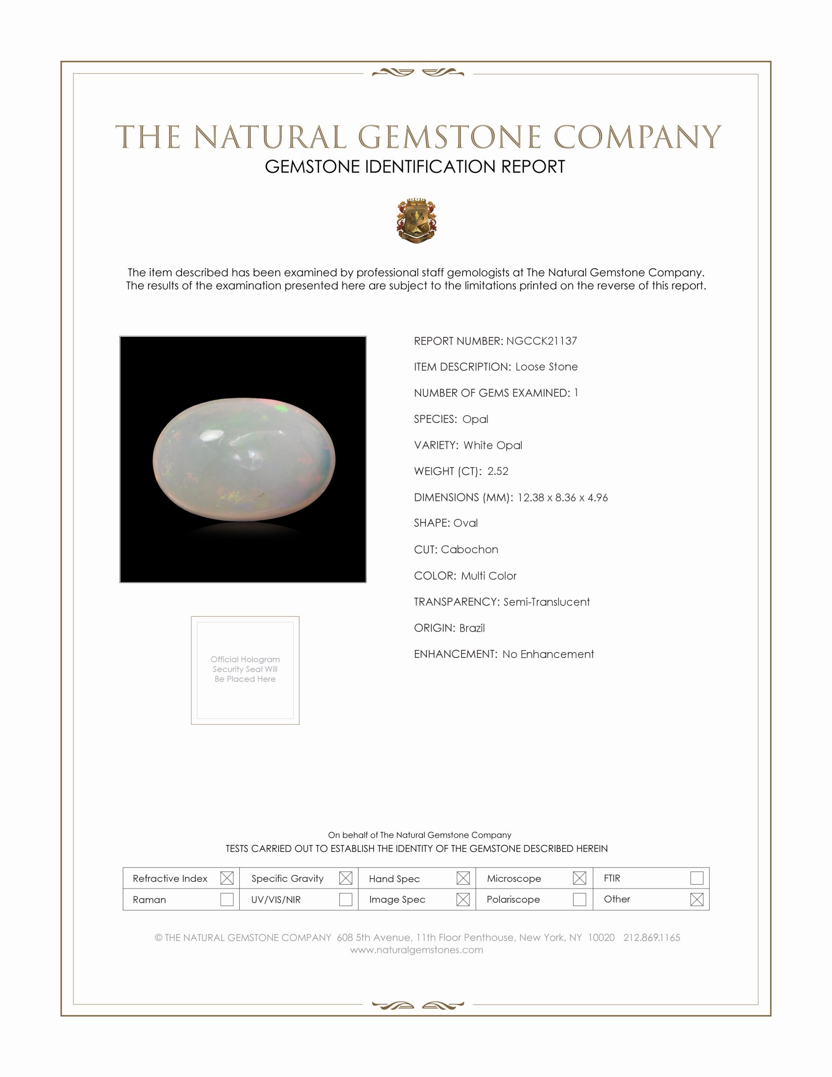 2.52 Ct. Multi Color Cabochon White Opal from Brazil