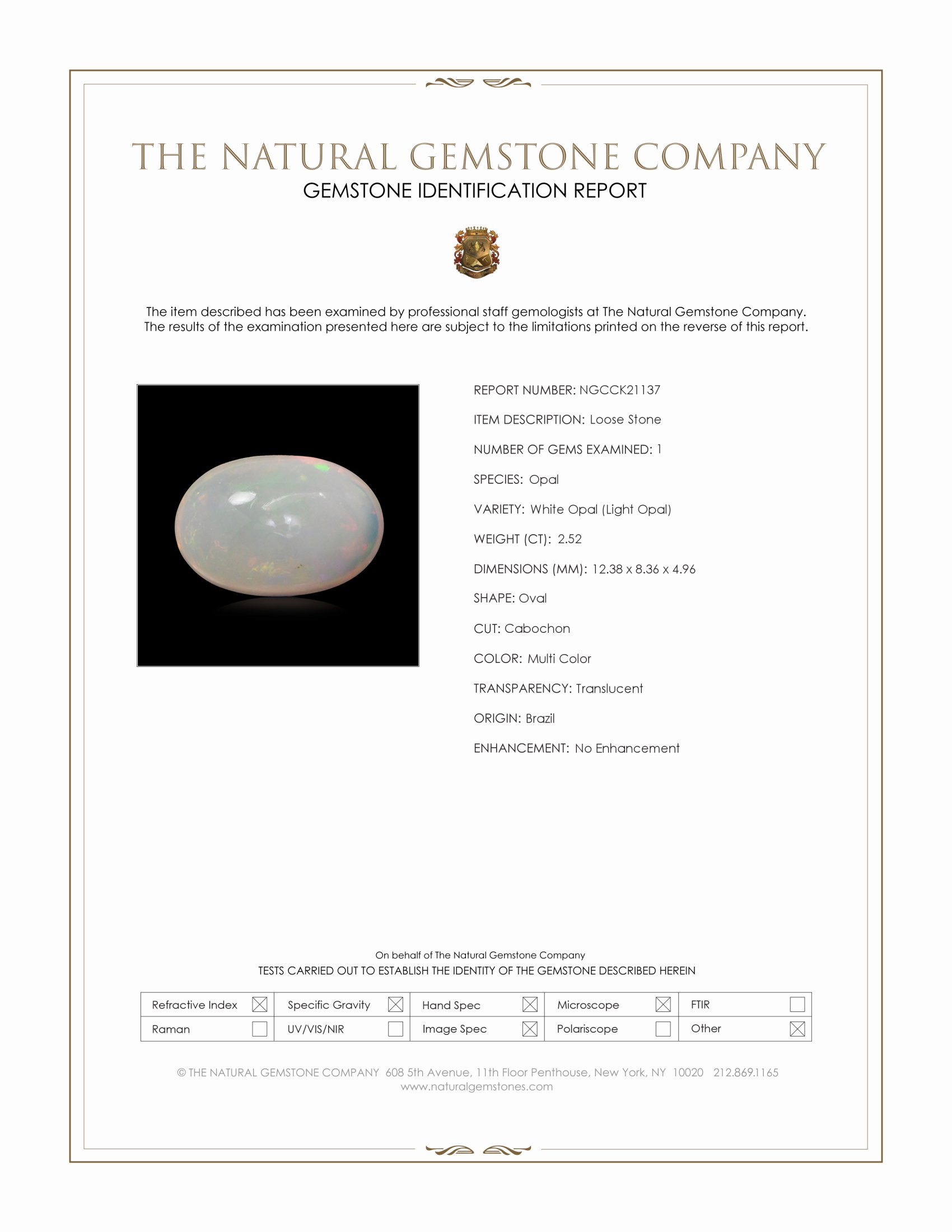 2.52 Ct. Multi Color Cabochon White Opal (Light Opal) from Brazil
