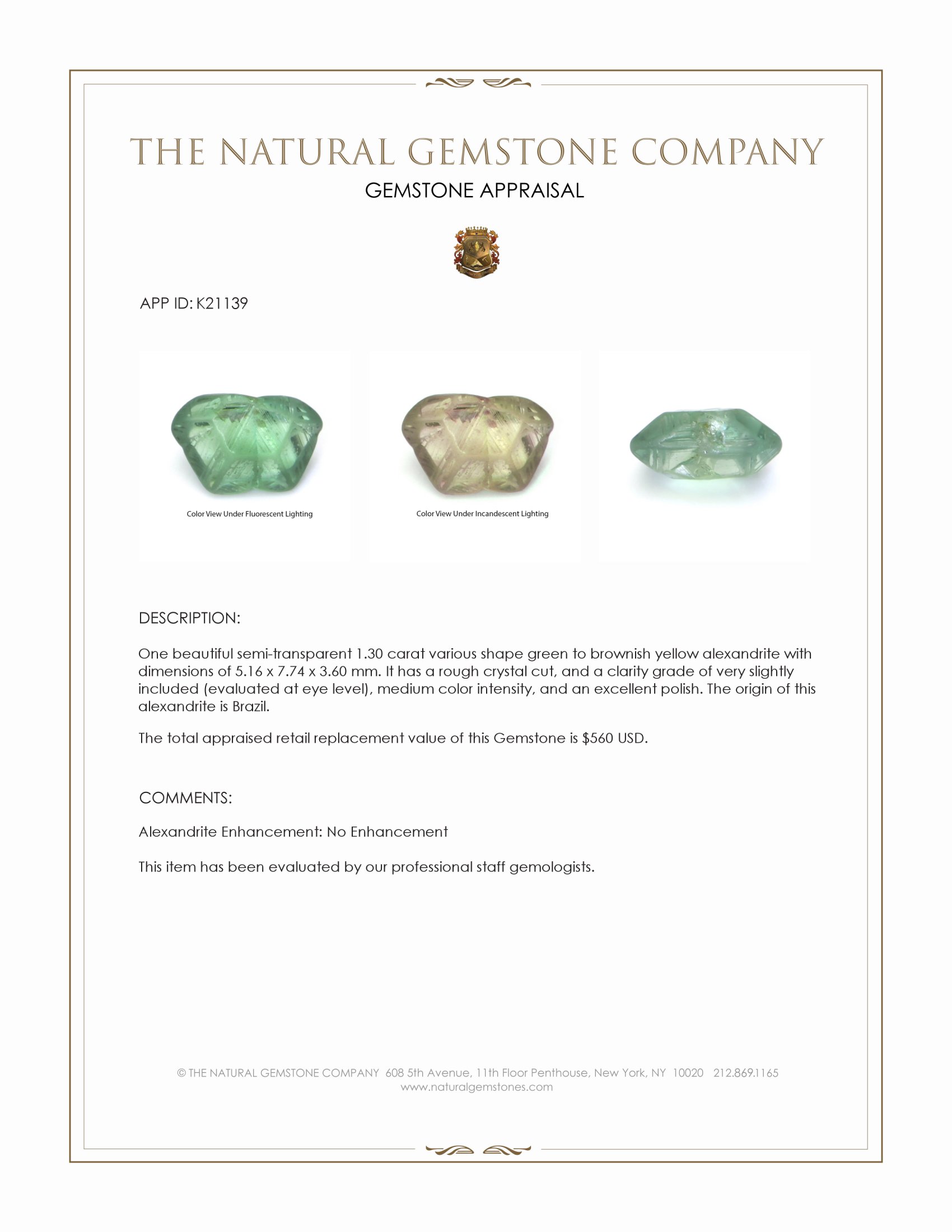 1.30 Ct. Alexandrite Crystal from Brazil