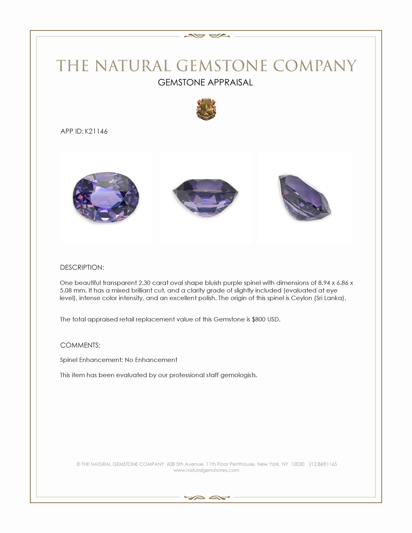 2.30 Ct. Bluish Purple Spinel from Ceylon (Sri Lanka)