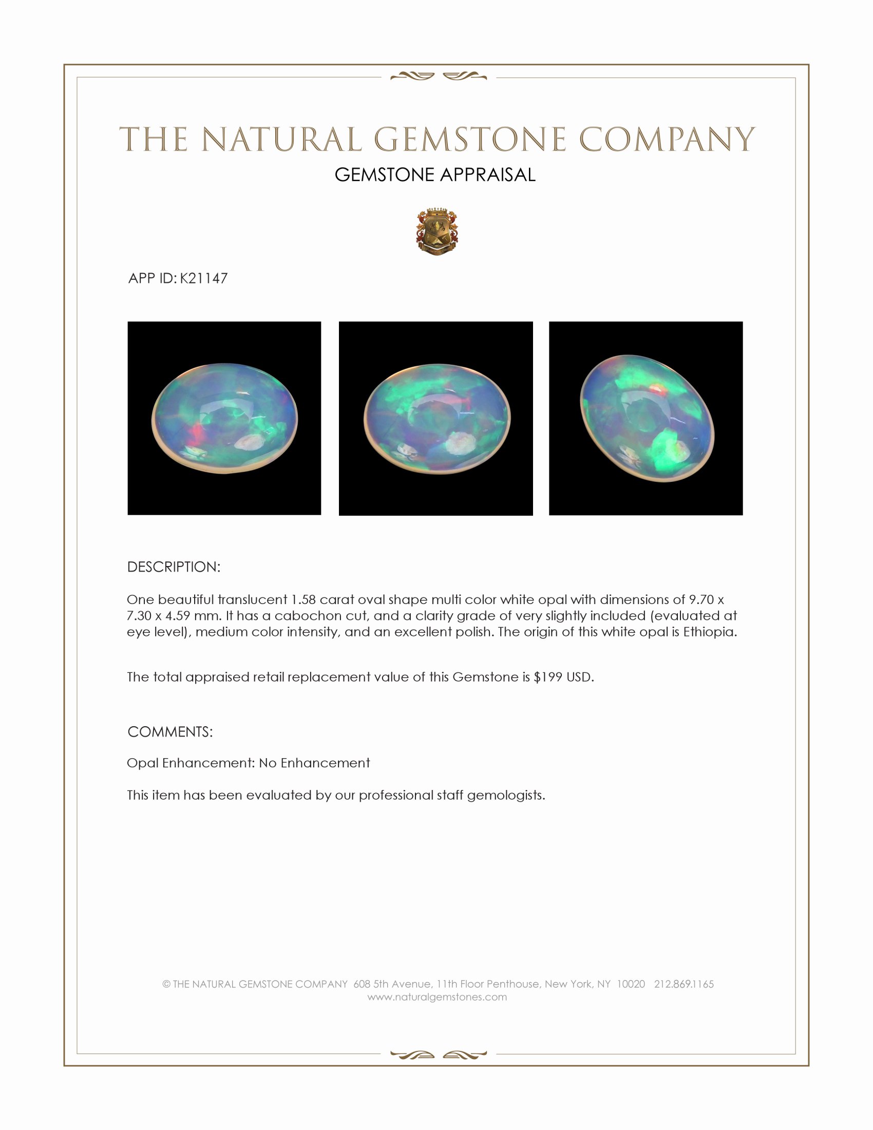 1.58 Ct. Multi Color Cabochon White Opal from Ethiopia