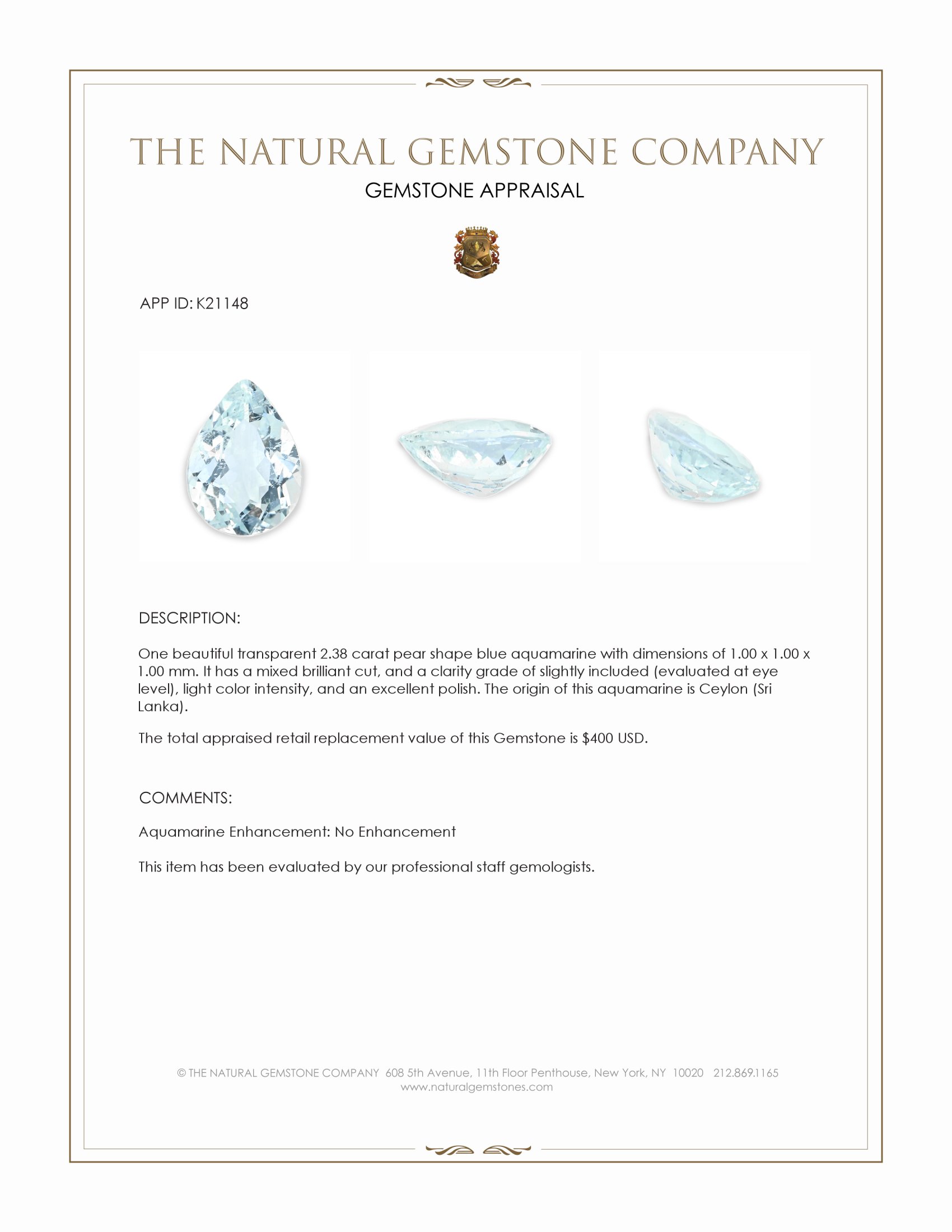 2.38 Ct. Blue Aquamarine from Ceylon (Sri Lanka)