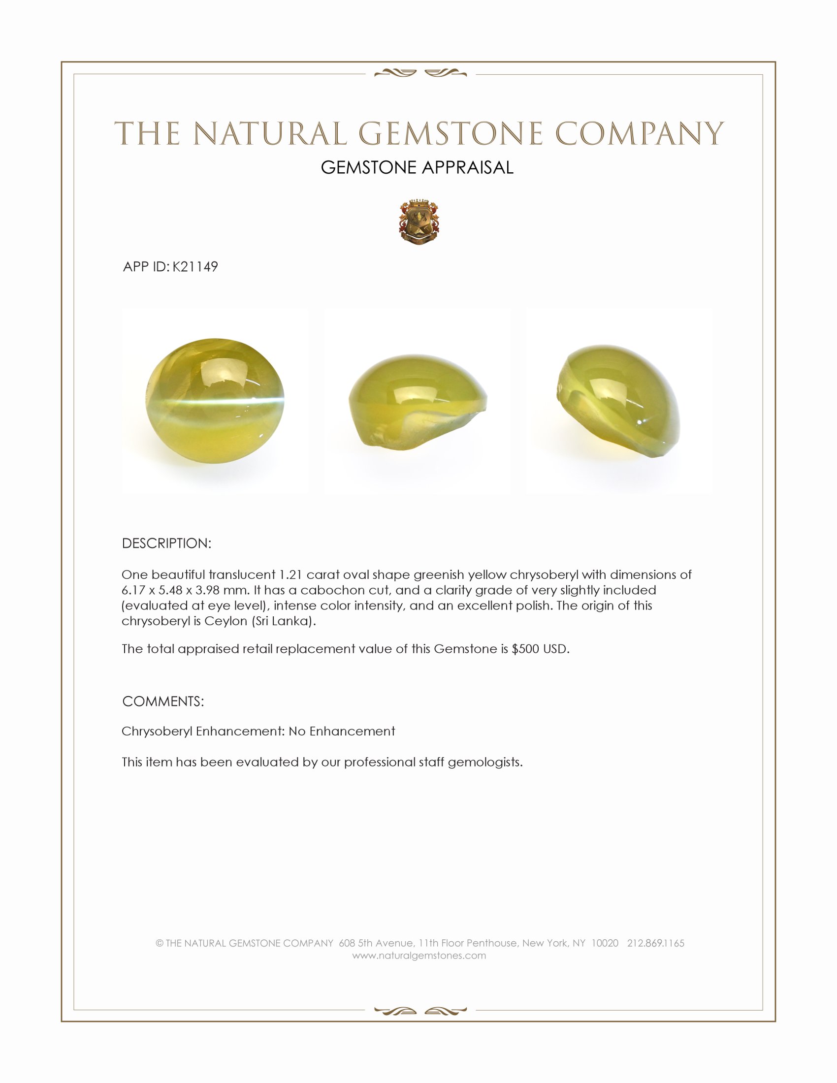 1.21 Ct. Greenish Yellow Cabochon Chrysoberyl from Ceylon (Sri Lanka)