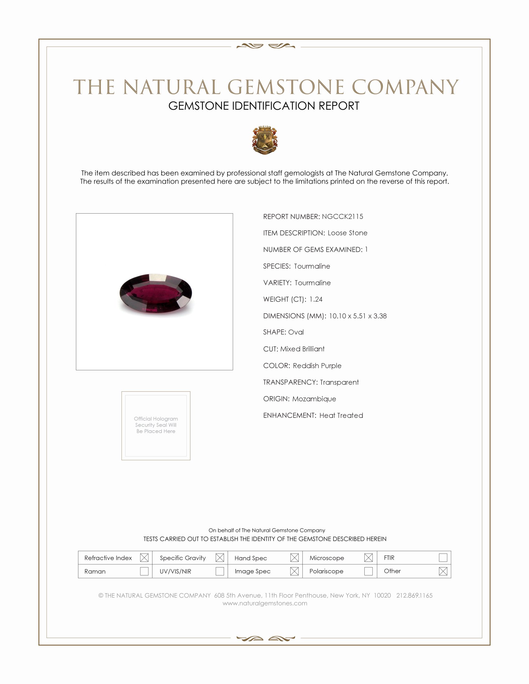 1.24 Ct. Reddish Purple Tourmaline from Mozambique