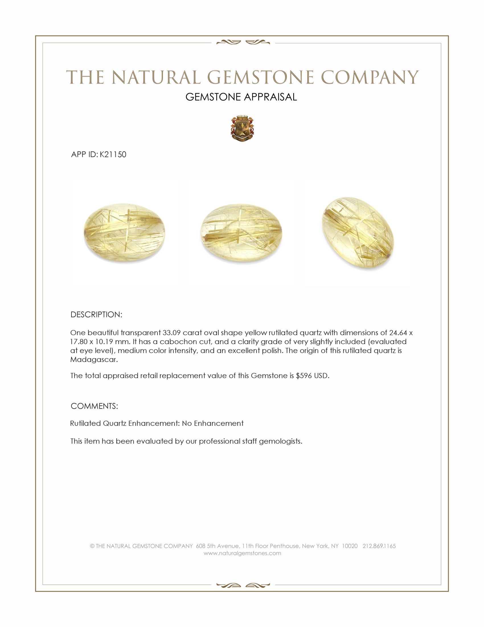 33.09 Ct. Yellow Cabochon Rutilated Quartz from Madagascar