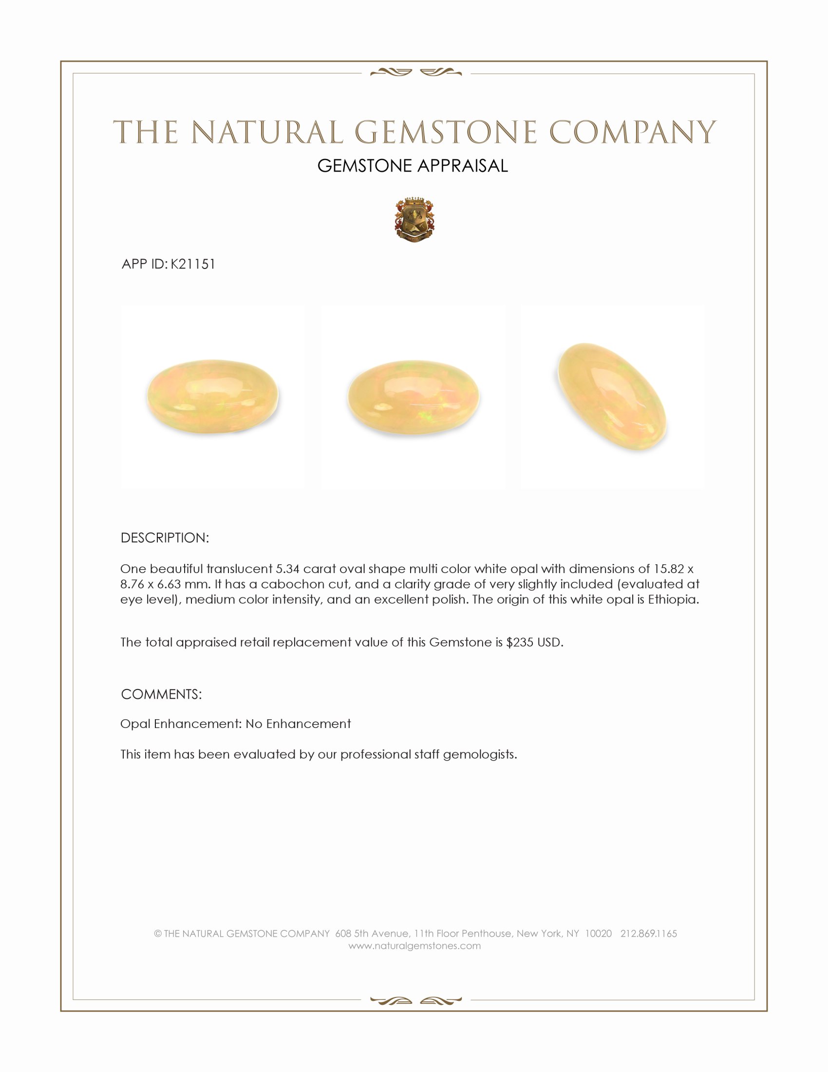 5.34 Ct. Multi Color Cabochon White Opal from Ethiopia