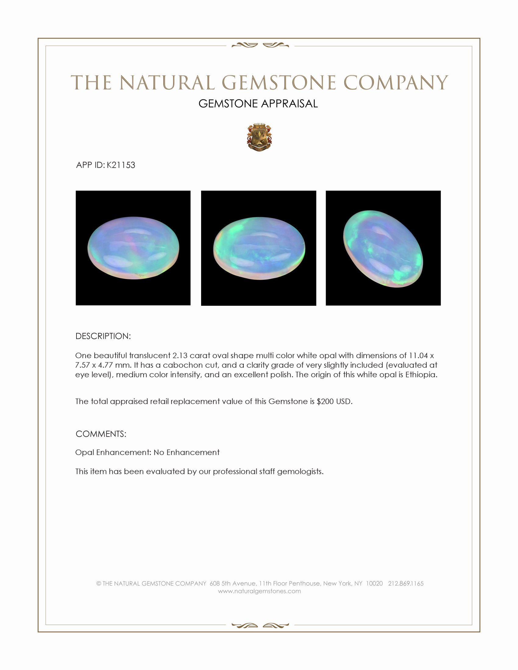 2.13 Ct. Multi Color Cabochon White Opal from Ethiopia