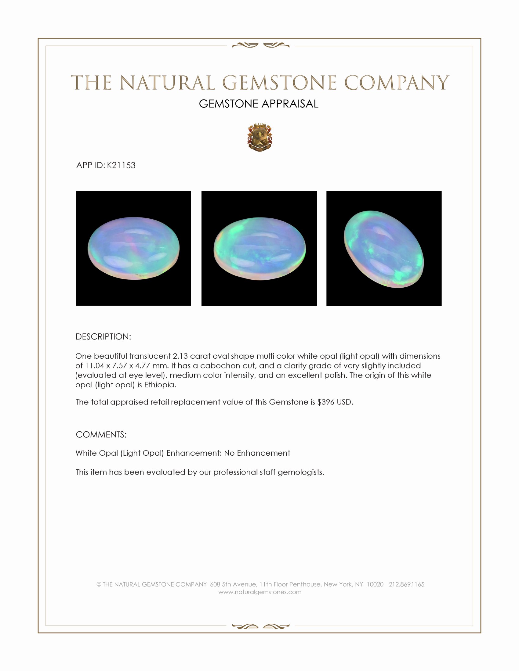 2.13 Ct. Multi Color Cabochon White Opal (Light Opal) from Ethiopia