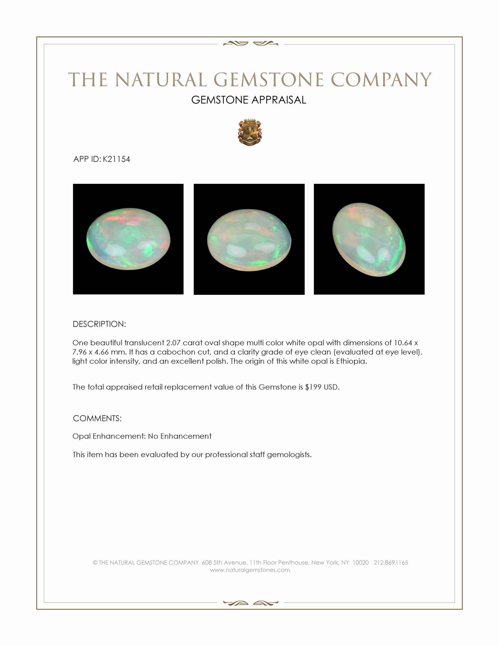 2.07 Ct. Multi Color Cabochon White Opal from Ethiopia