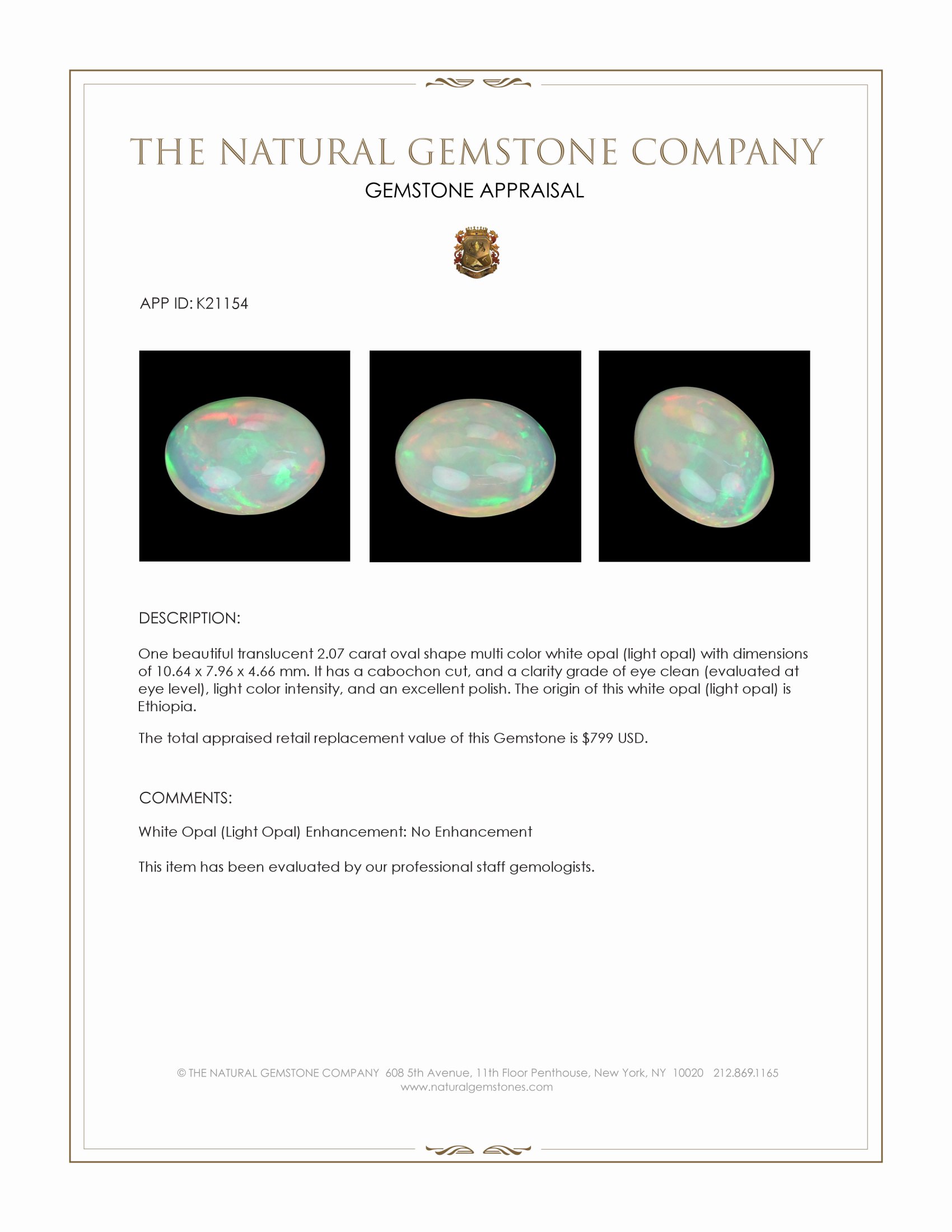 2.07 Ct. Multi Color Cabochon White Opal (Light Opal) from Ethiopia
