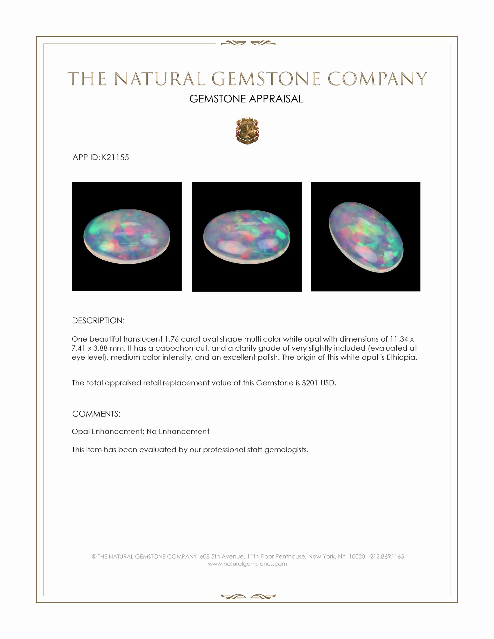 1.76 Ct. Multi Color Cabochon White Opal from Ethiopia