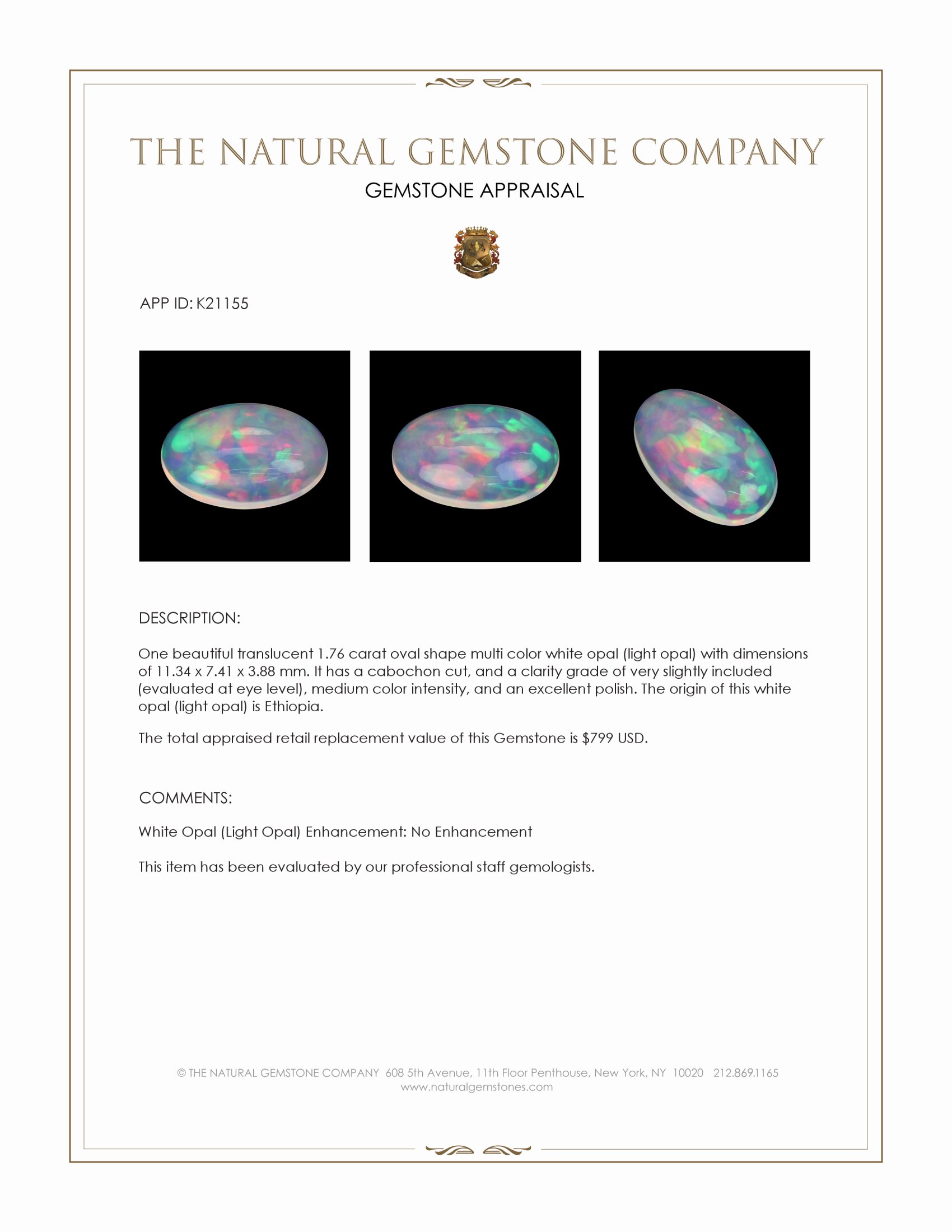 1.76 Ct. Multi Color Cabochon White Opal (Light Opal) from Ethiopia