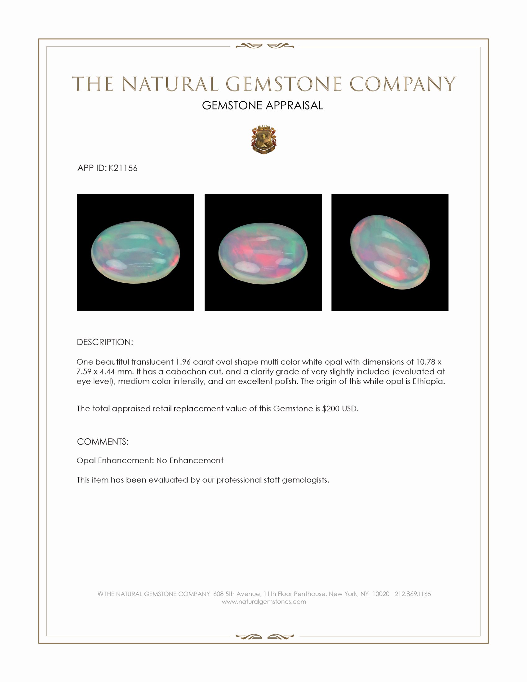 1.96 Ct. Multi Color Cabochon White Opal from Ethiopia