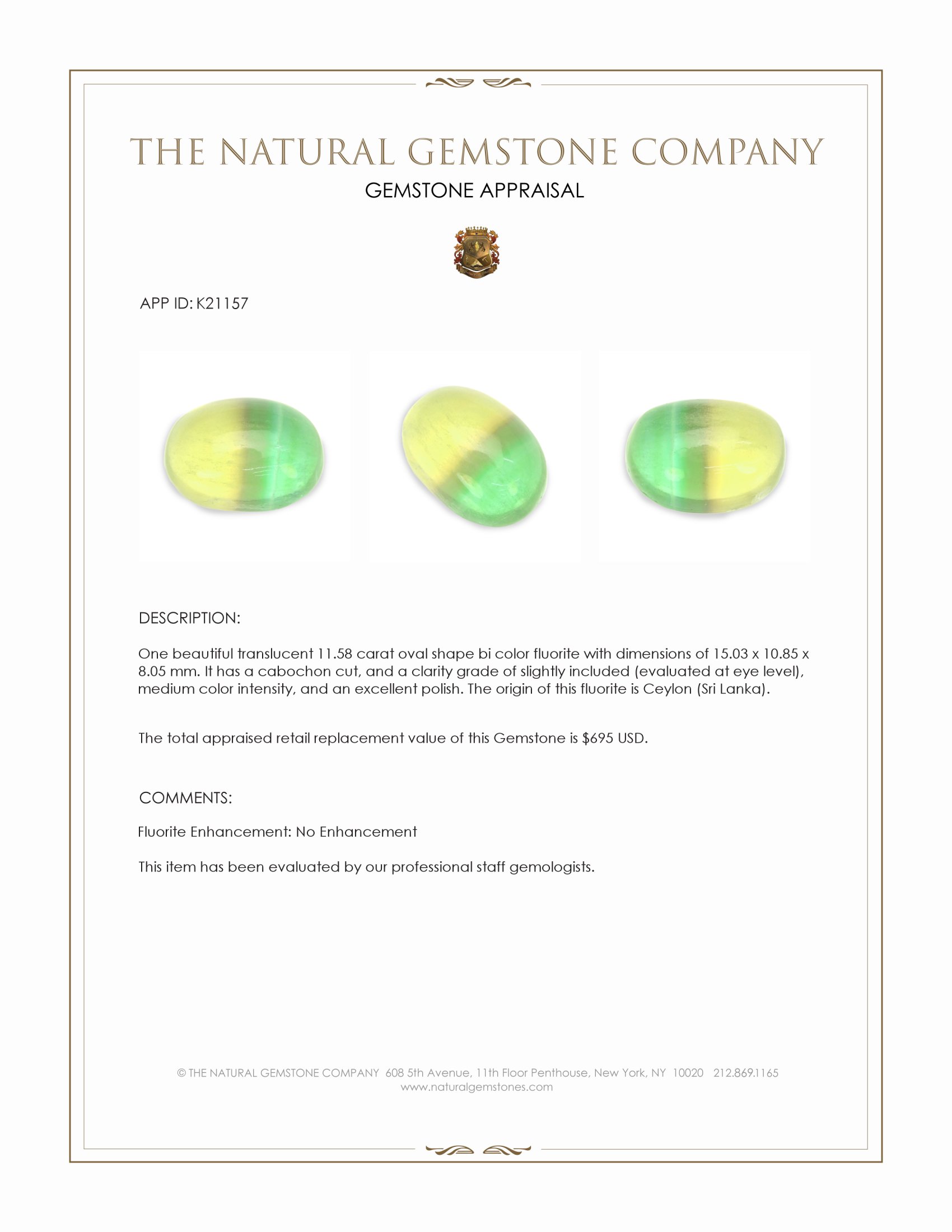 11.58 Ct. Bi Color Cabochon Fluorite from Ceylon (Sri Lanka)