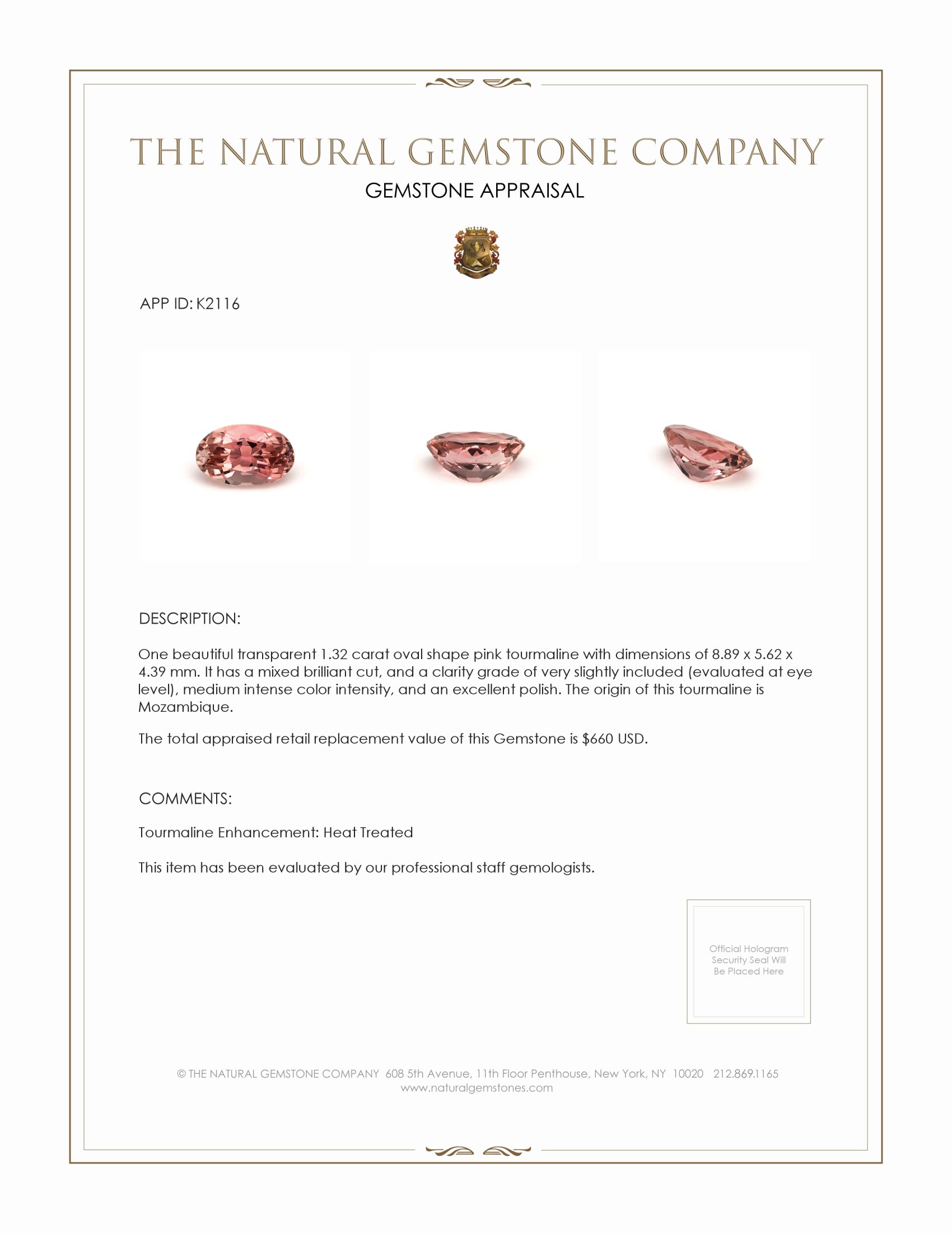 1.32 Ct. Pink Tourmaline from Mozambique