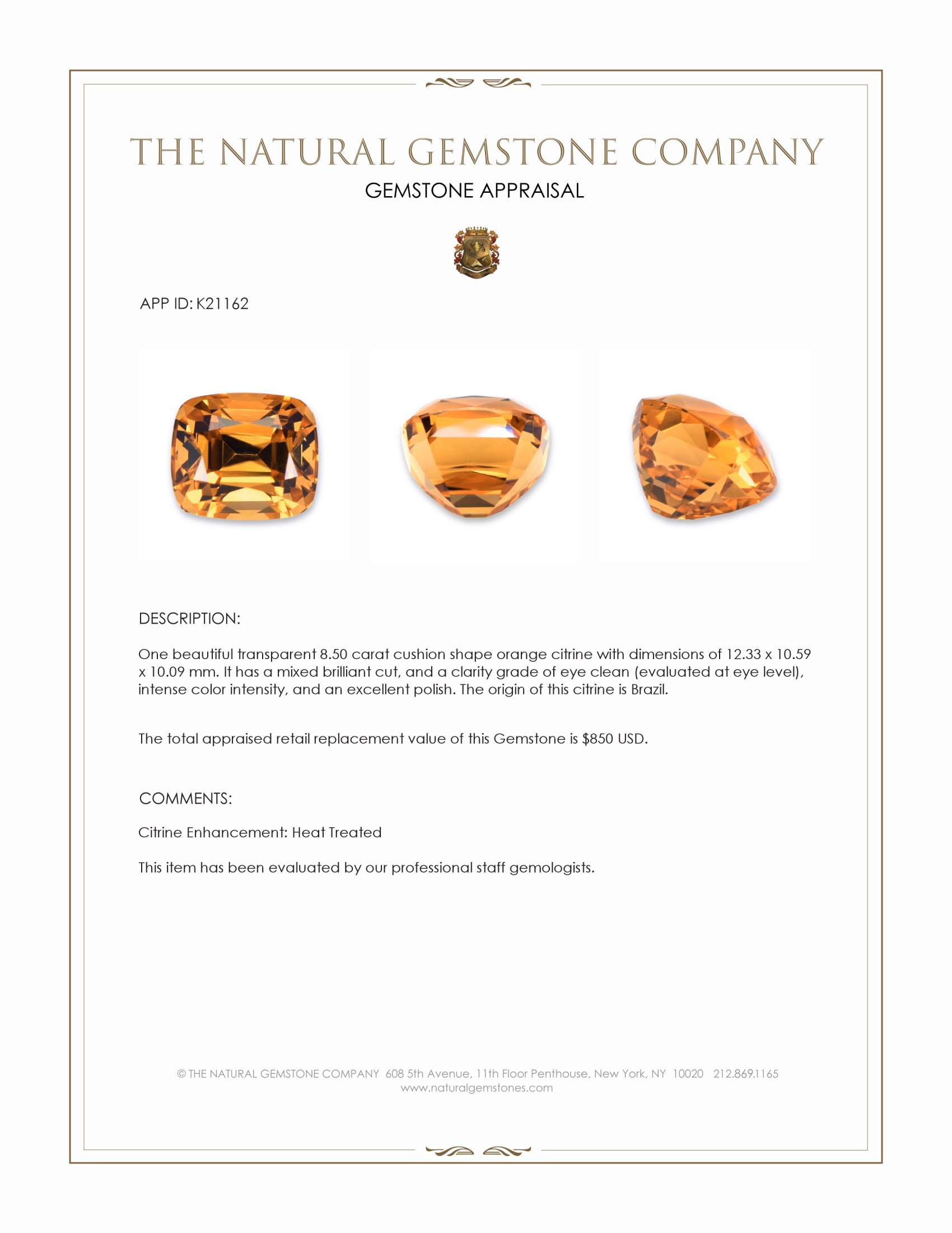 8.50 Ct. Orange Citrine from Brazil
