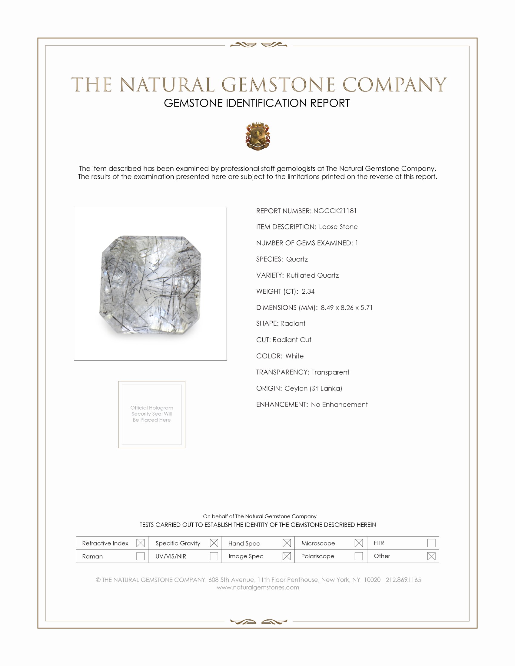 2.34 Ct. White Rutilated Quartz from Ceylon (Sri Lanka)