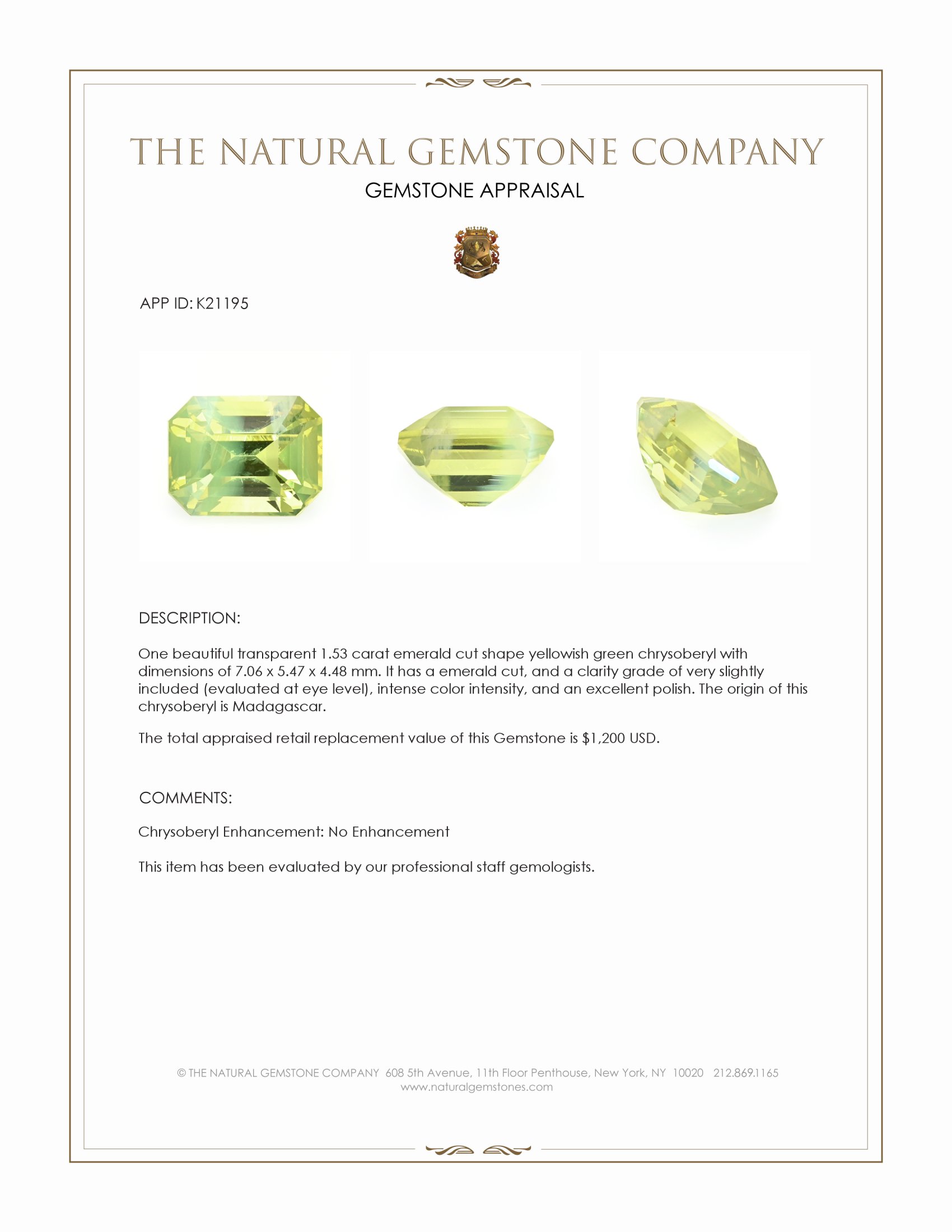 1.53 Ct. Yellowish Green Chrysoberyl from Madagascar